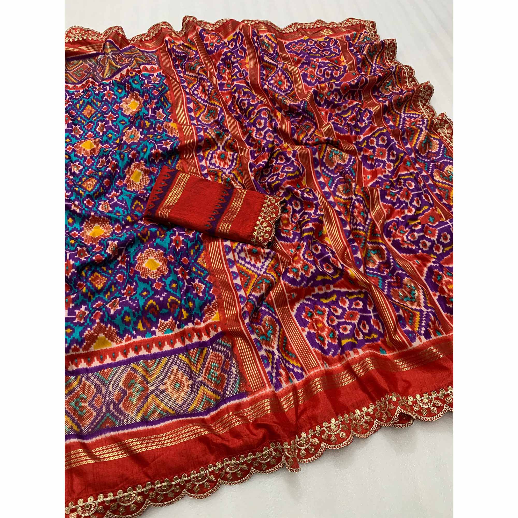 Purple & Red Ikkat Foil Printed Silk Saree With Sequins Embroidery Border