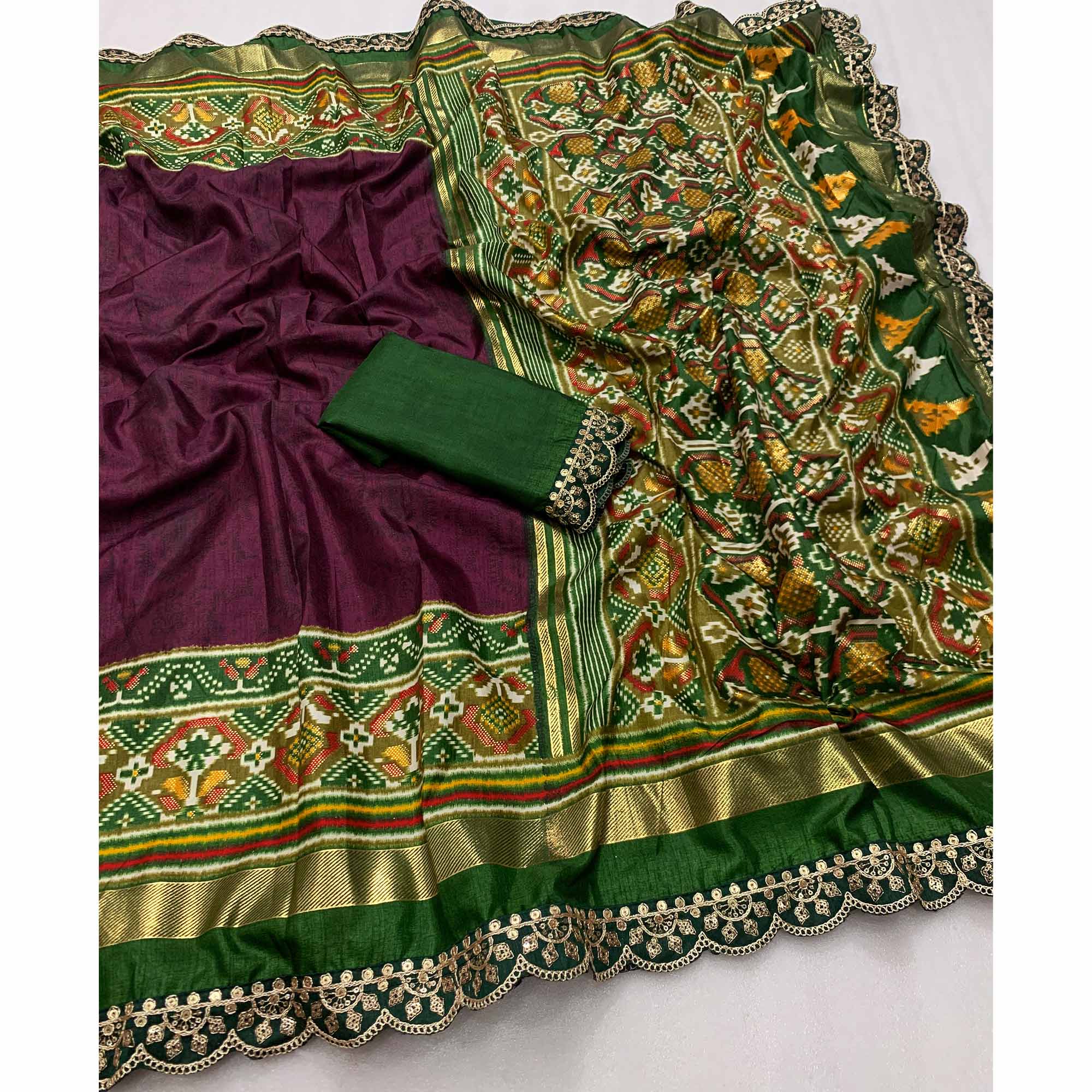 Purple & Green Ikkat Foil Printed Silk Saree With Sequins Embroidery Border