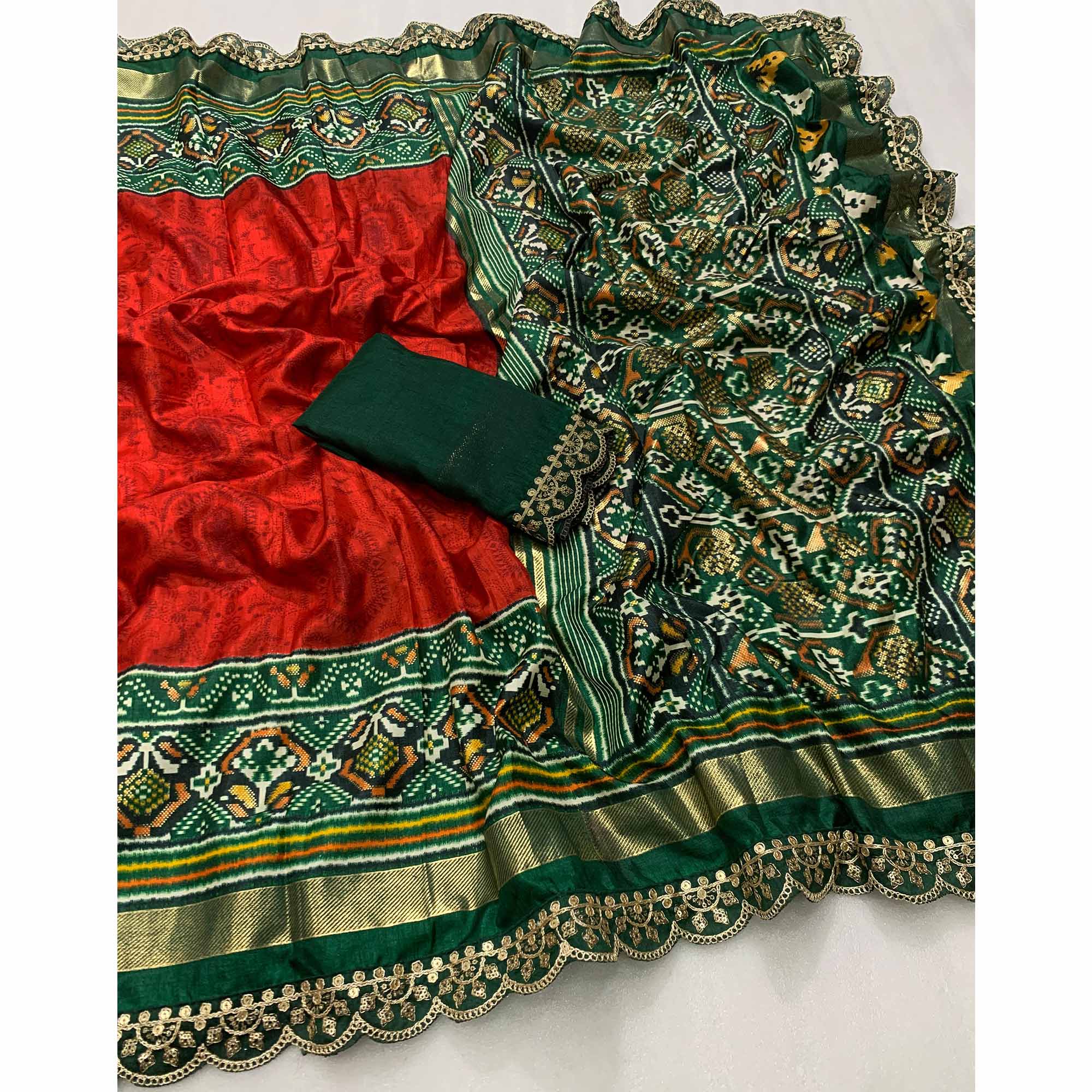 Red & Green Ikkat Foil Printed Silk Saree With Sequins Embroidery Border