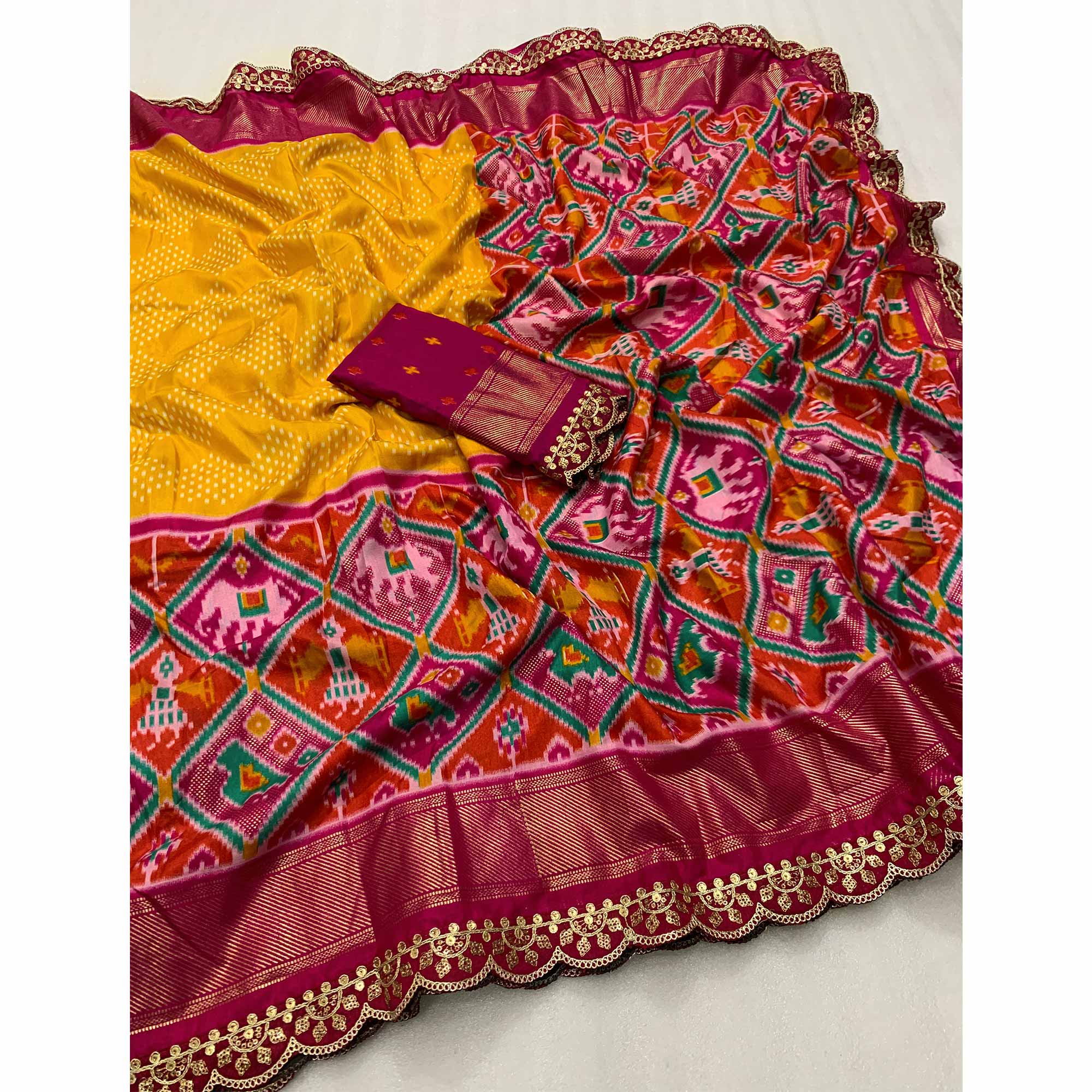 Yellow & Rani Pink Ikkat Foil Printed Silk Saree With Sequins Embroidery Border