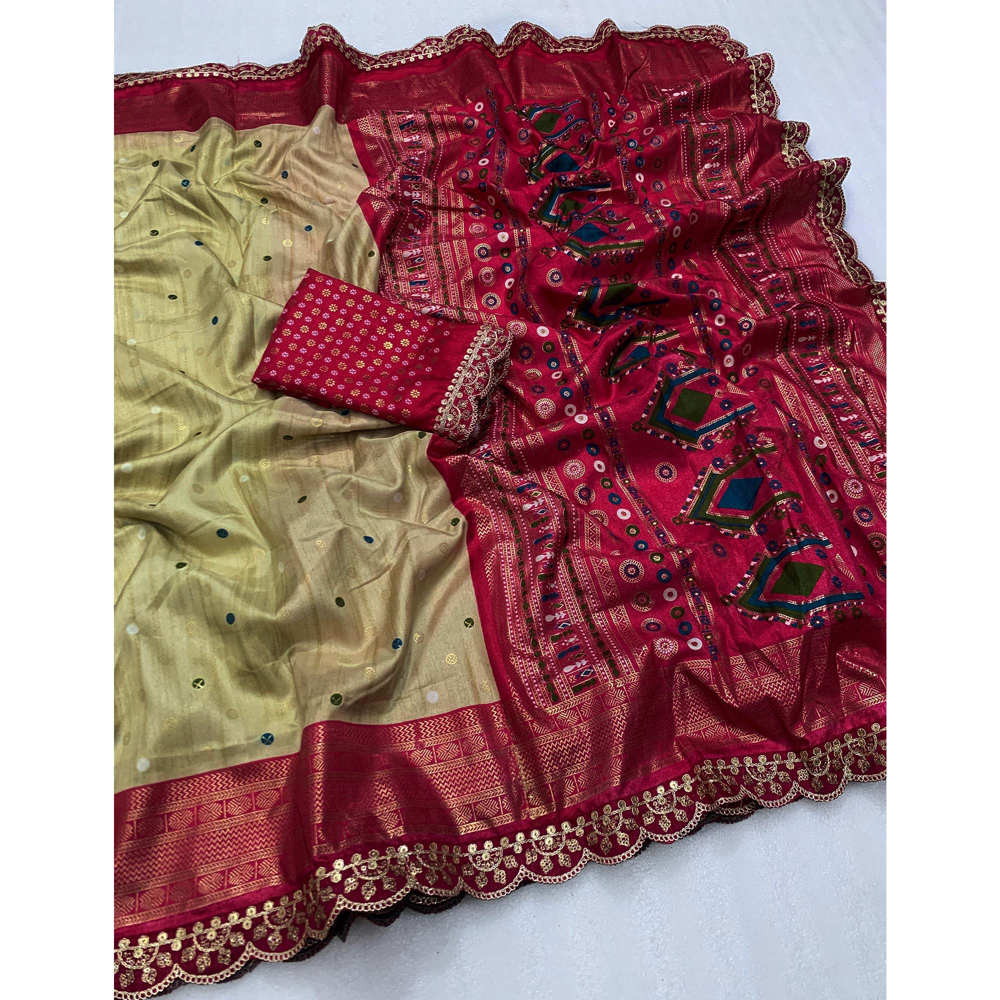 Chikoo & Pink Foil Printed Dola Silk Saree With Sequins Embroidered Border