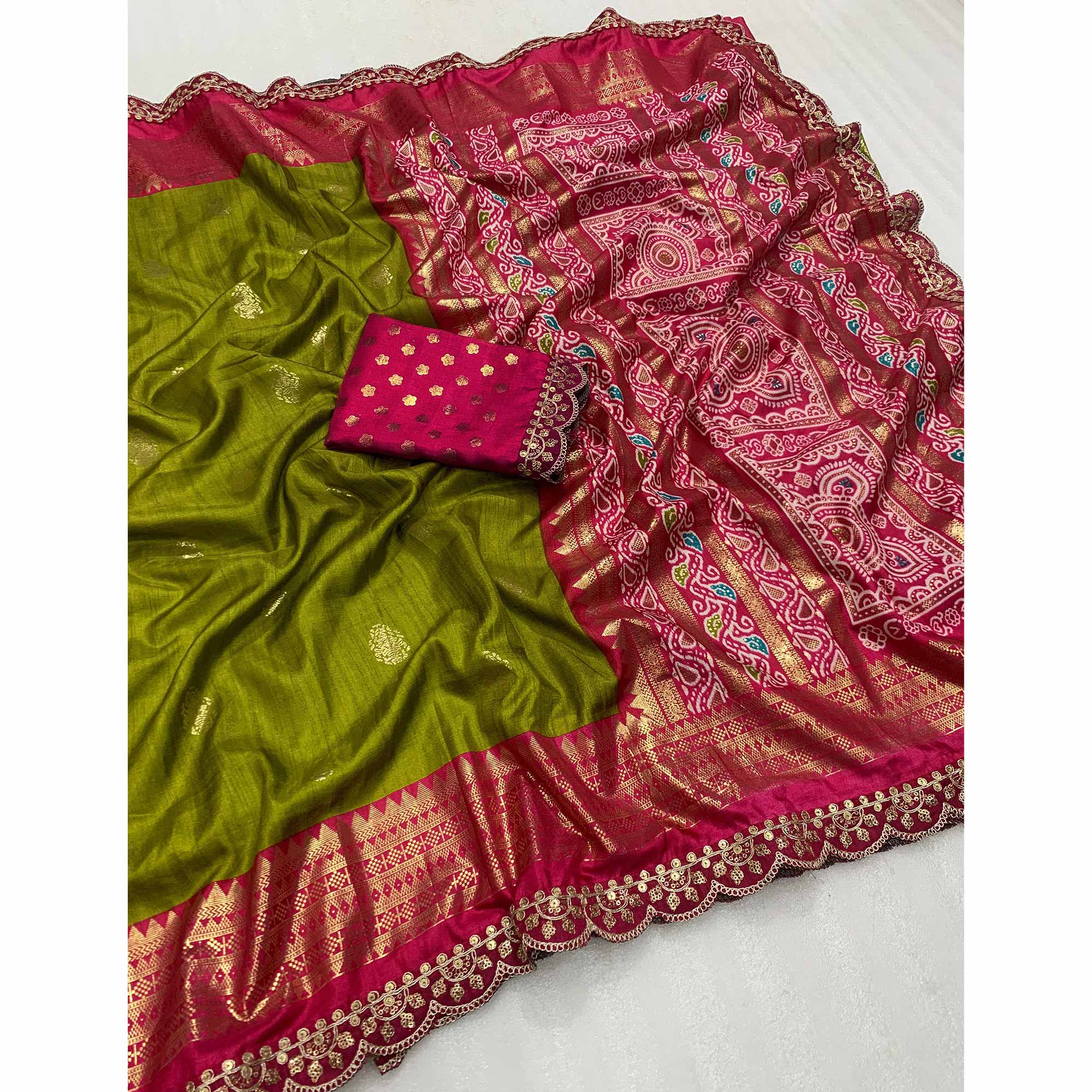 Green & Pink Foil Printed Dola Silk Saree With Sequins Embroidered Border