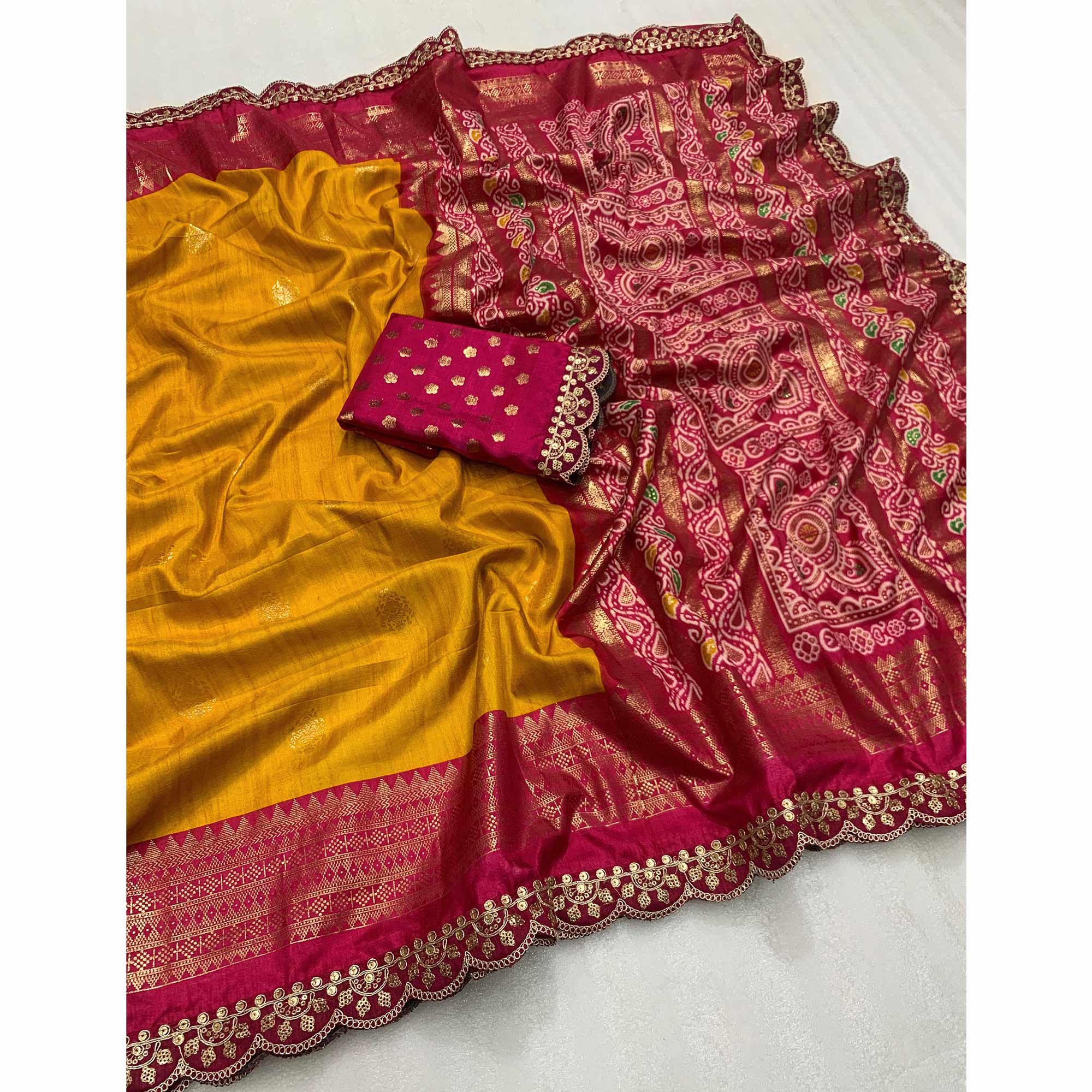 Mustard & Pink Foil Printed Dola Silk Saree With Sequins Embroidered Border