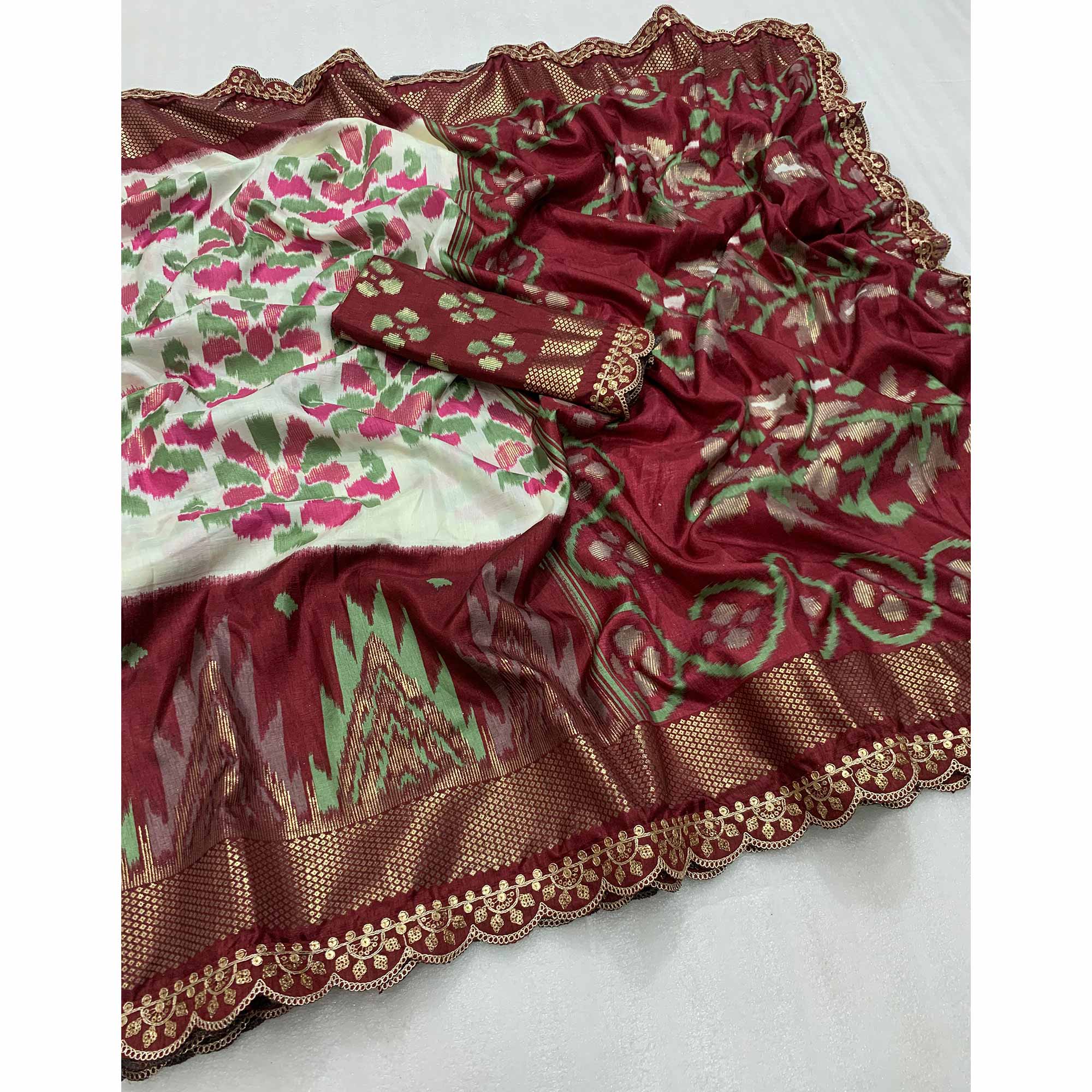 Offwhite & Maroon Ikkat Foil Printed Dola Silk Saree With Sequins Embroidered Border