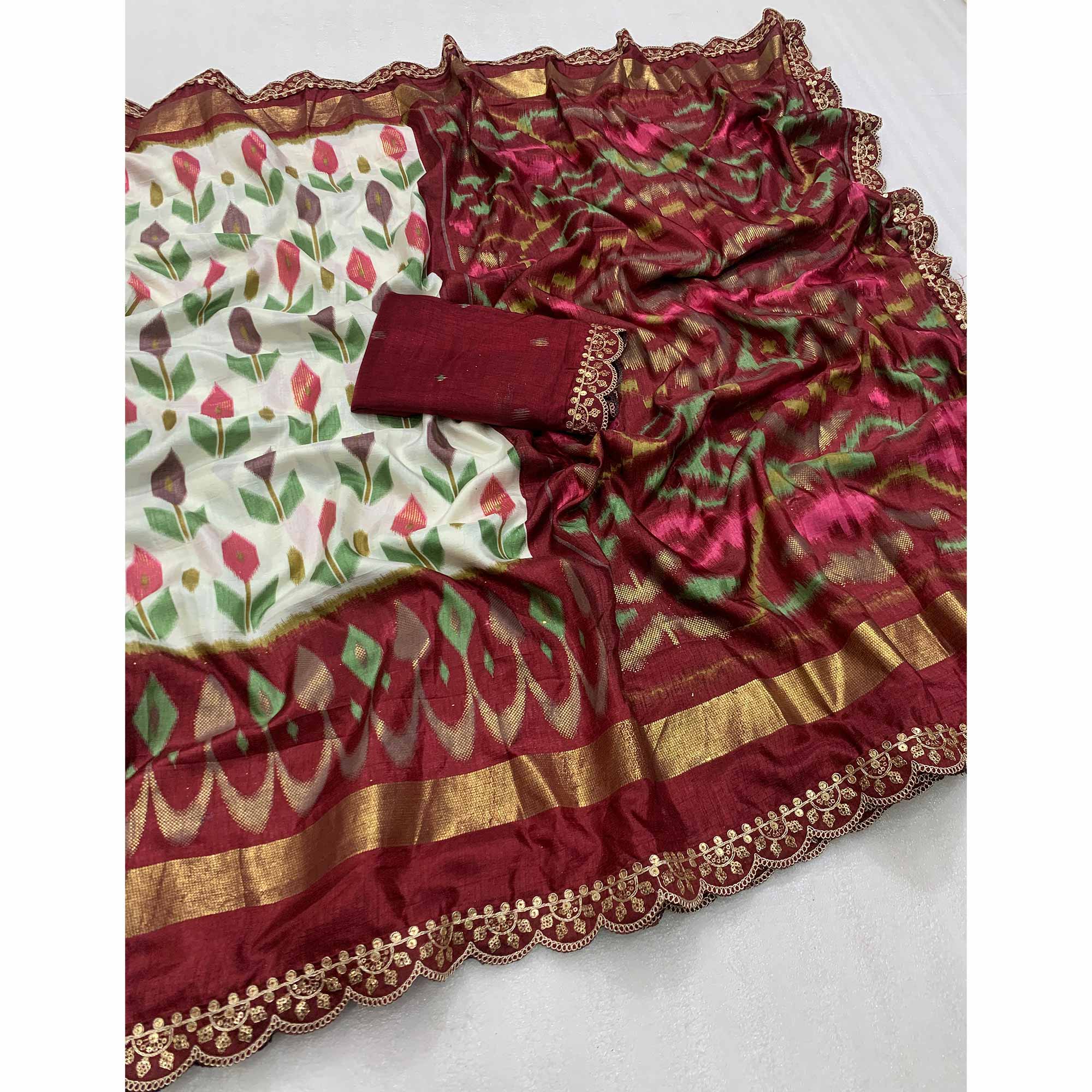 Offwhite & Maroon Ikkat Foil Printed Dola Silk Saree With Sequins Embroidered Border