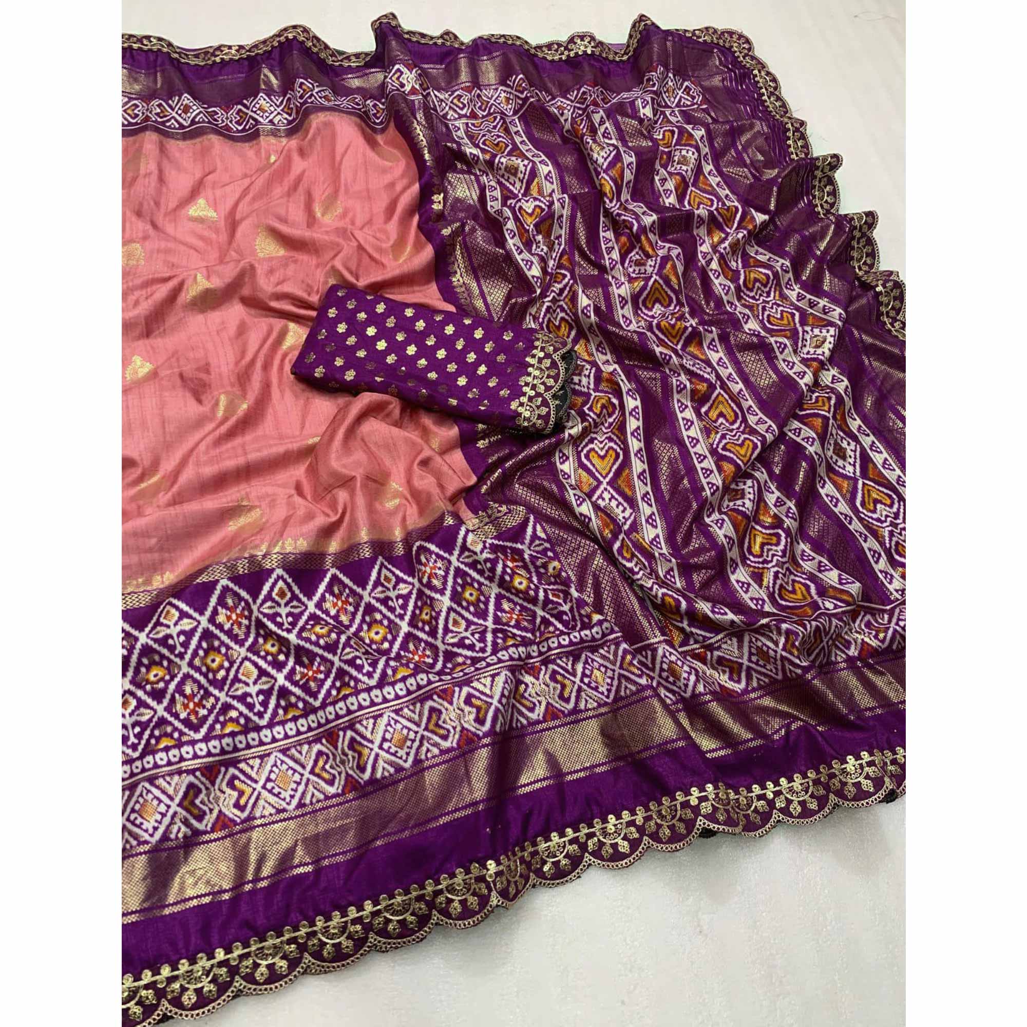 Peach & Purple Foil Printed Dola Silk Saree With Sequins Embroidered Border