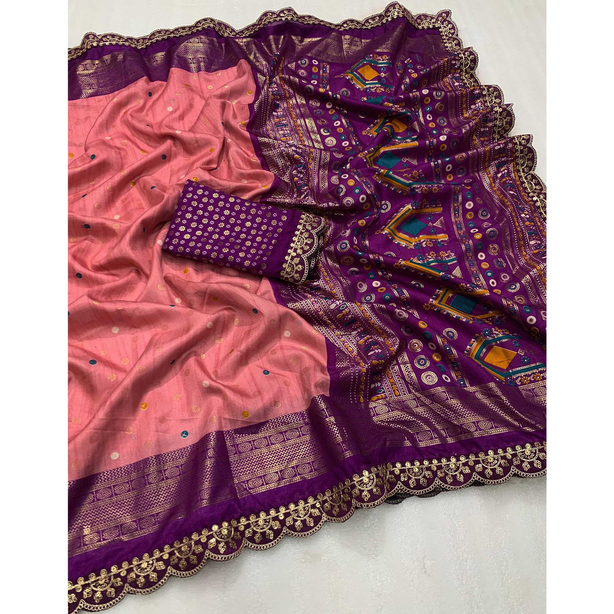 Peach & Purple Foil Printed Dola Silk Saree With Sequins Embroidered Border