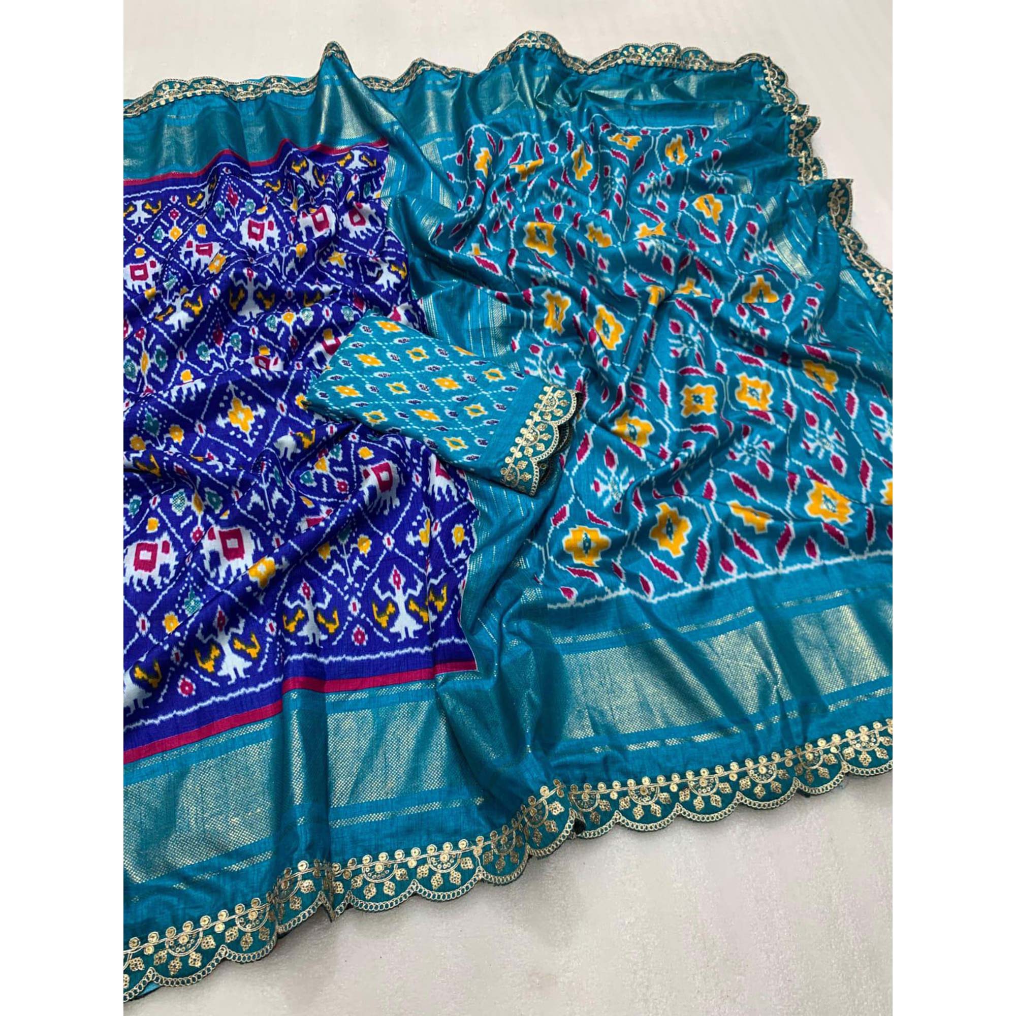 Blue Ikkat Printed Dola Silk Saree With Sequins Embroidered Border