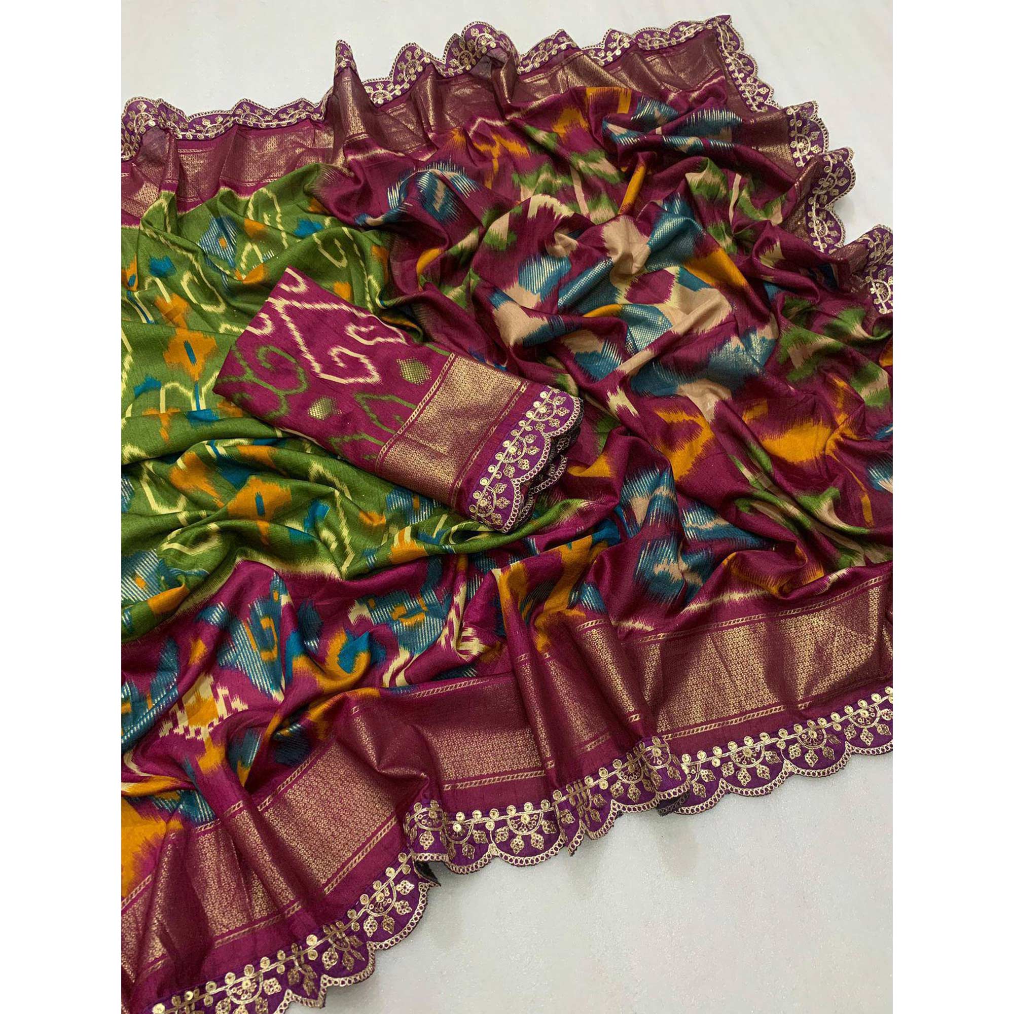 Green & Wine Ikkat Printed Dola Silk Saree With Sequins Embroidered Border