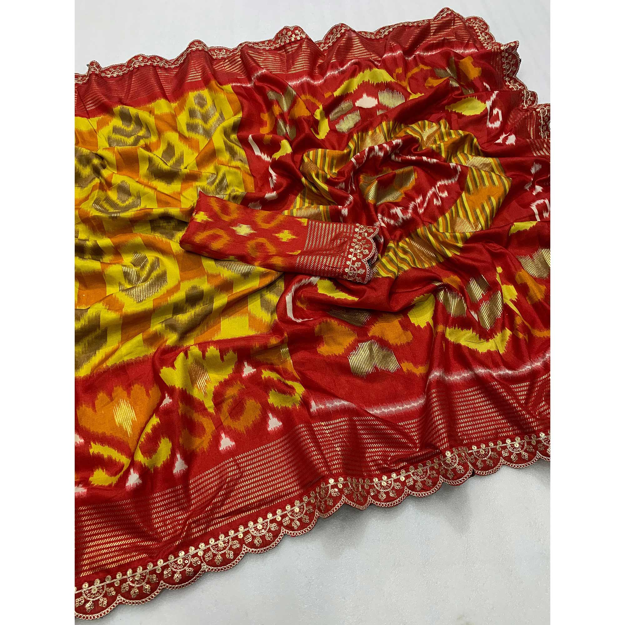 Lemon Yellow & Red Ikkat Printed Dola Silk Saree With Sequins Embroidered Border