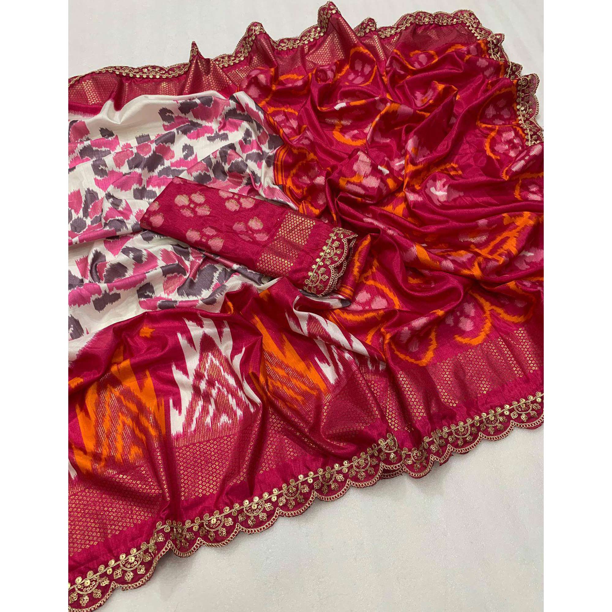 White & Pink Ikkat Printed Dola Silk Saree With Sequins Embroidered Border