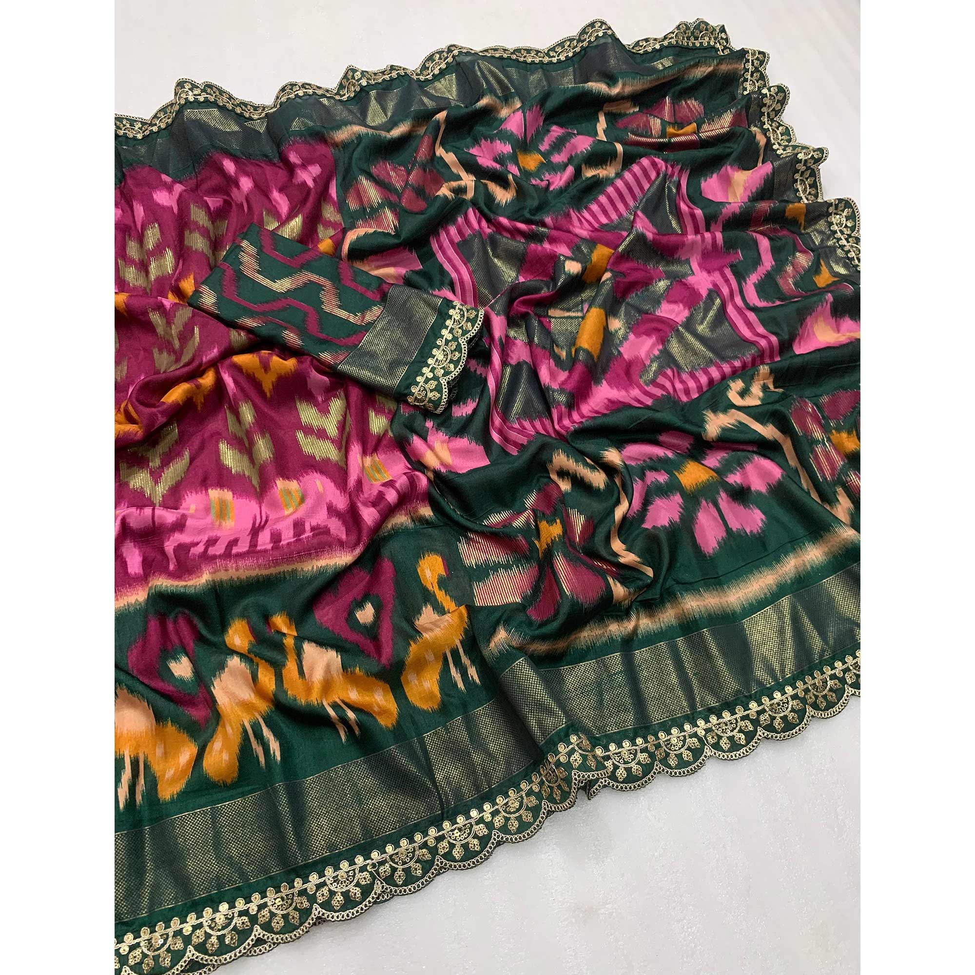 Wine & Green Ikkat Printed Dola Silk Saree With Sequins Embroidered Border