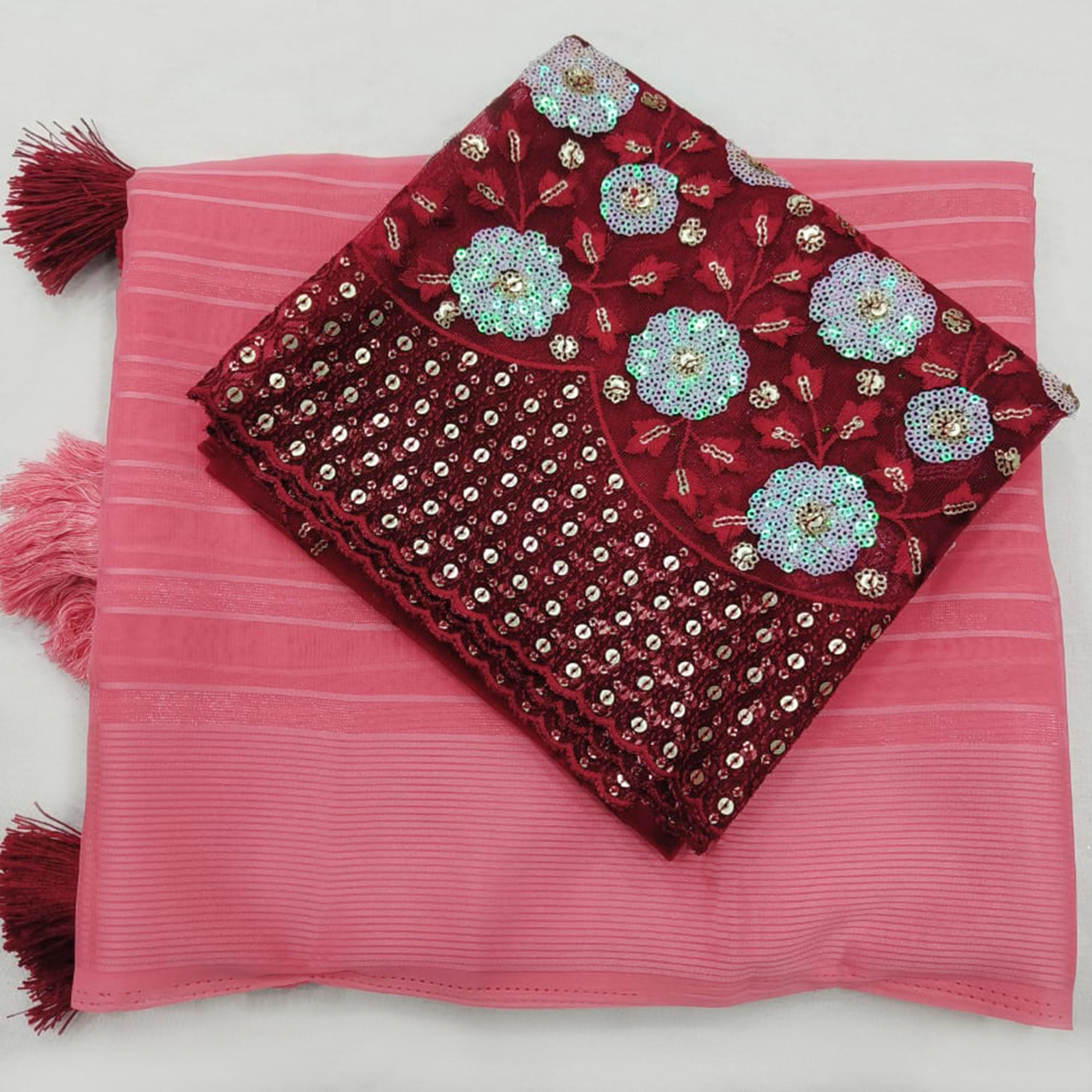 Gajari Pink Zari Striped Chiffon Saree With Tassels