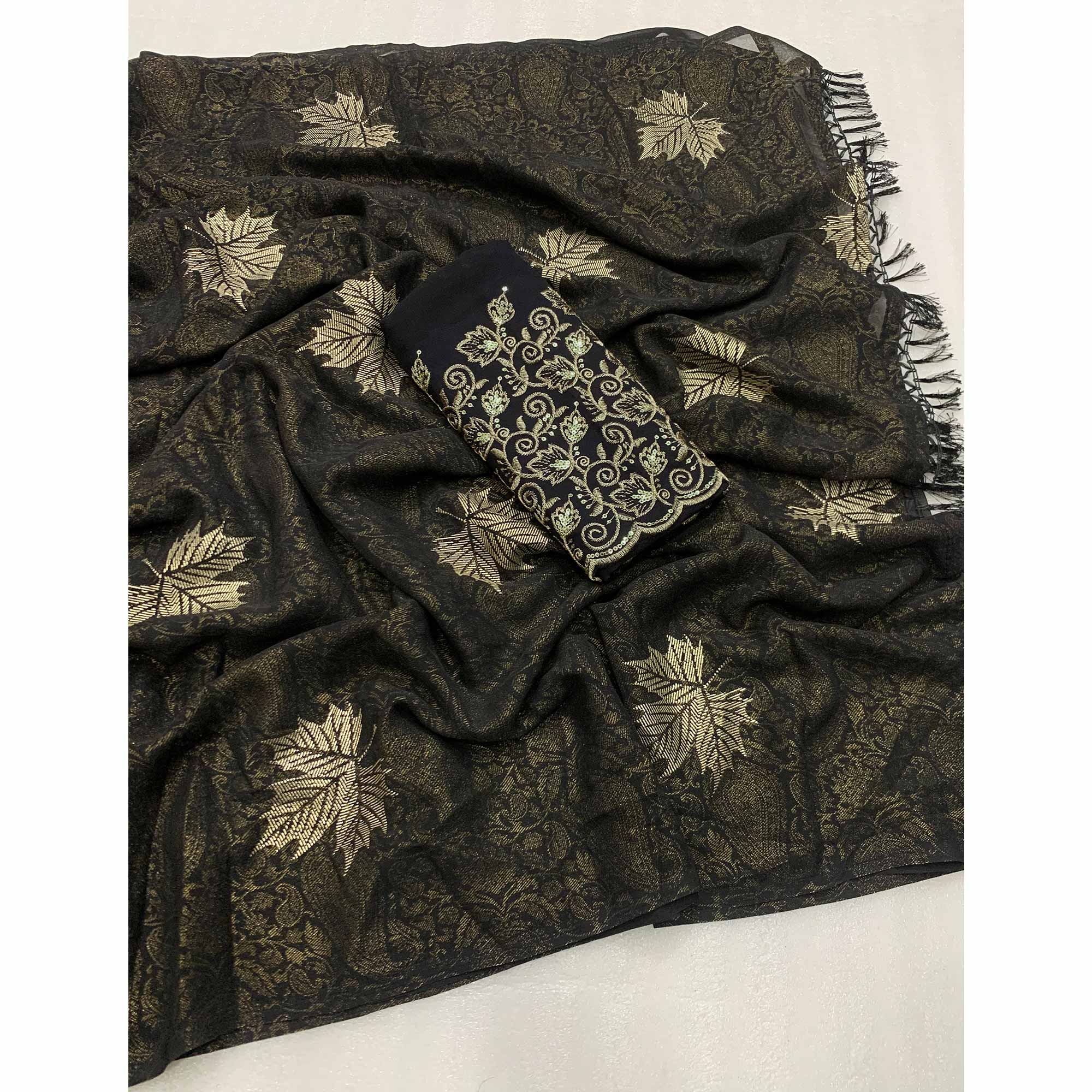 Black Foil Printed Georgette Saree With With Tassels