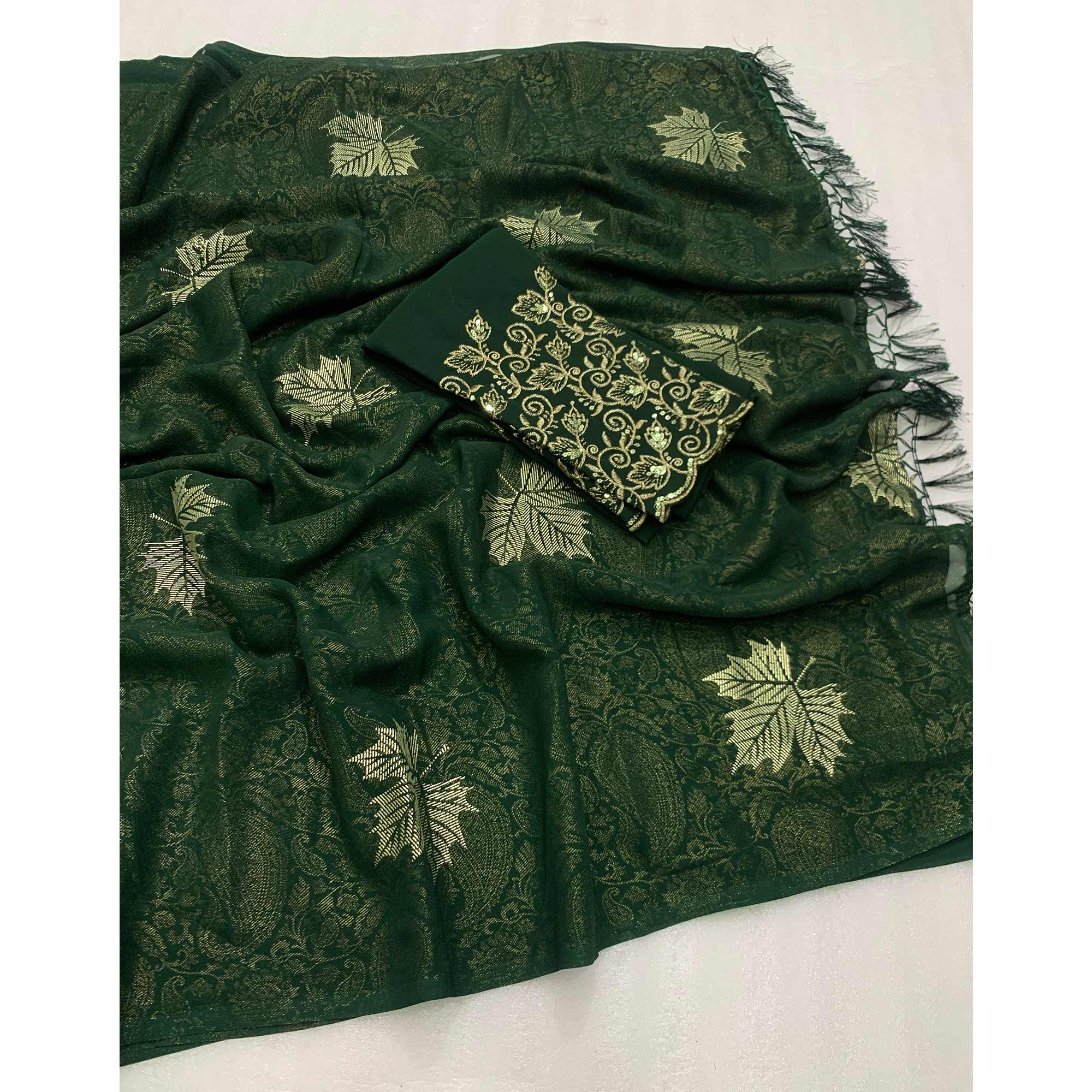 Green Foil Printed Georgette Saree With With Tassels