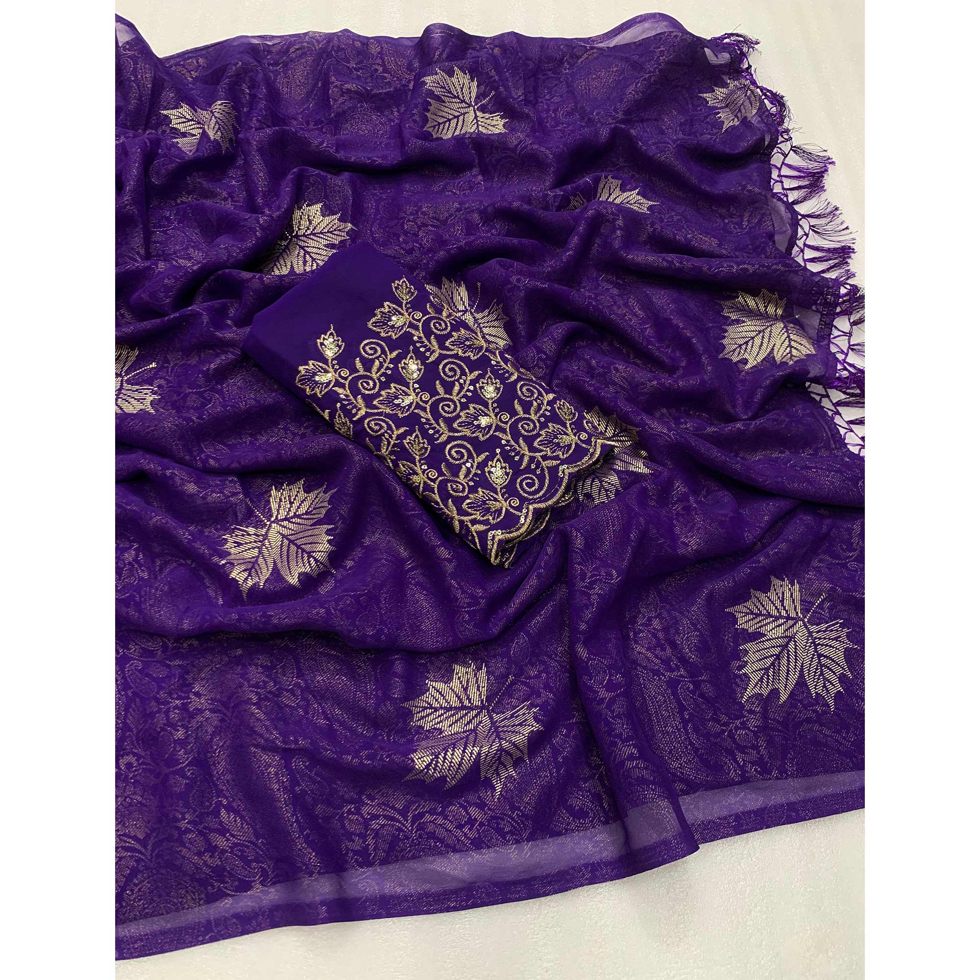 Violet Foil Printed Georgette Saree With With Tassels