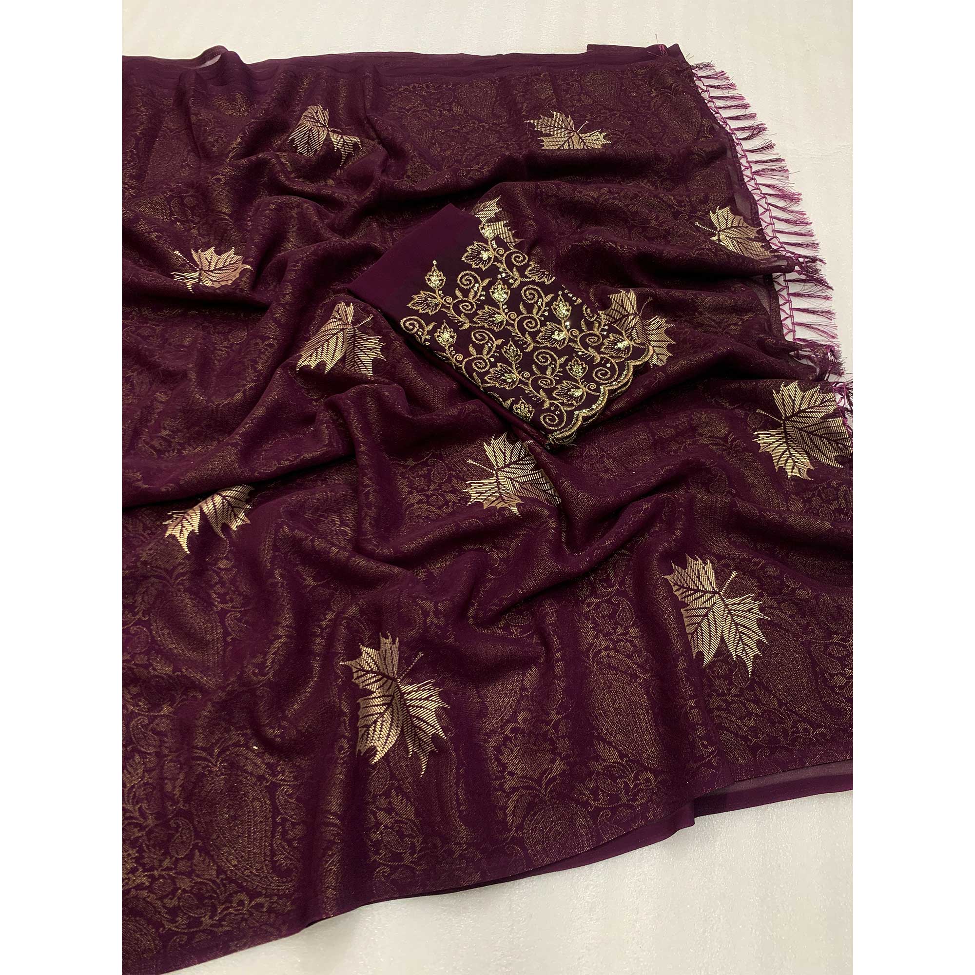 Wine Foil Printed Georgette Saree With With Tassels