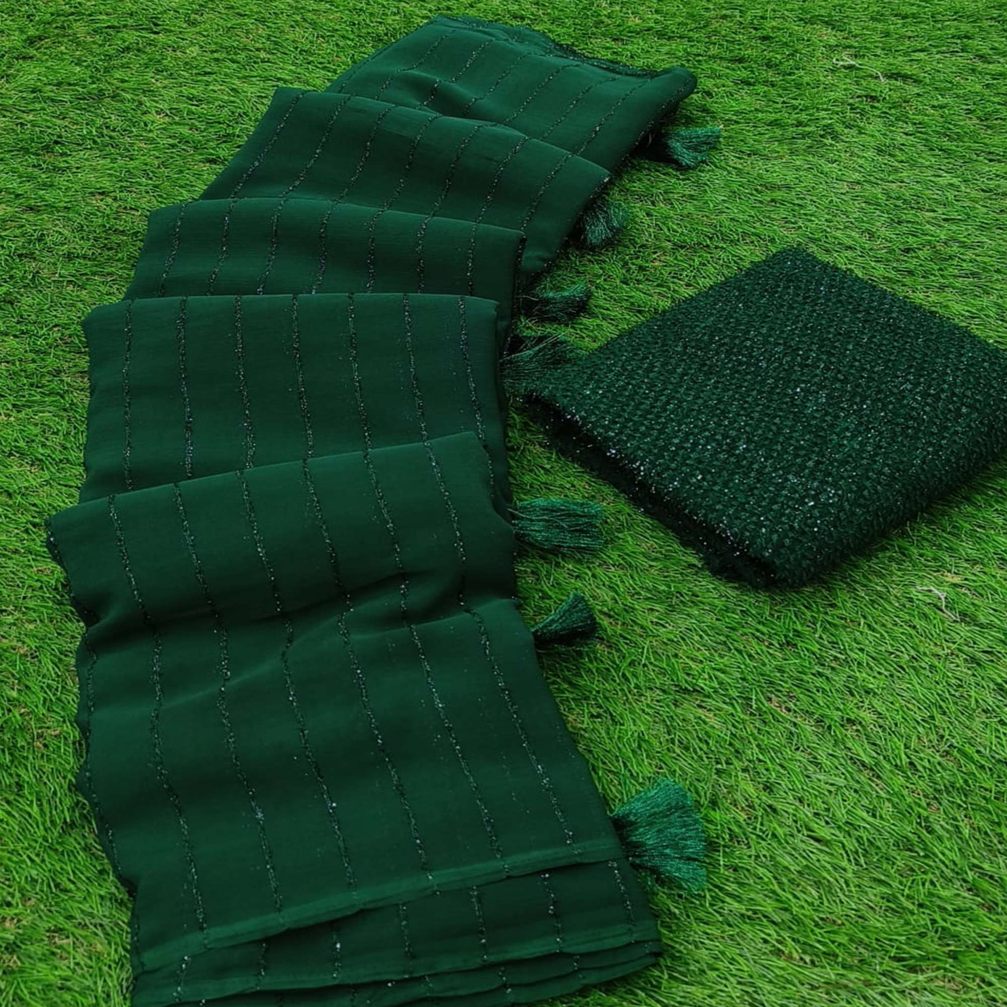 Green Woven Chiffon Saree with Tassels