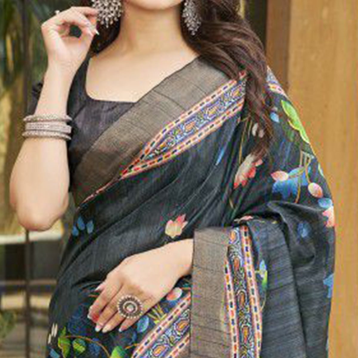 Black Floral Digital Printed Tussar Silk Saree