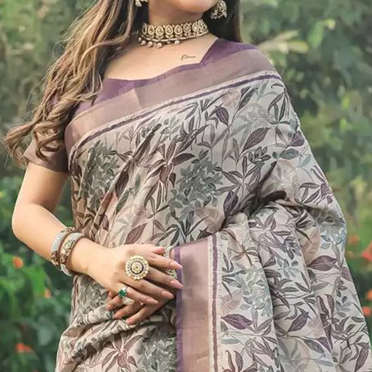 Dusty Brown Floral Digital Printed Tussar Silk Saree