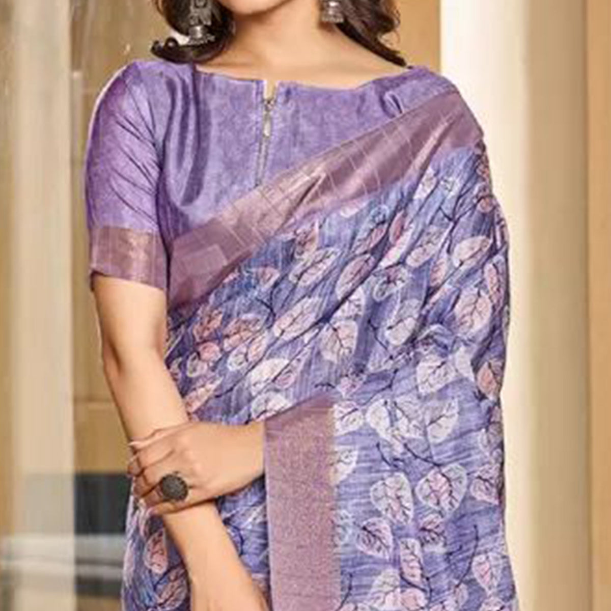 Lavender Floral Digital Printed Tussar Silk Saree