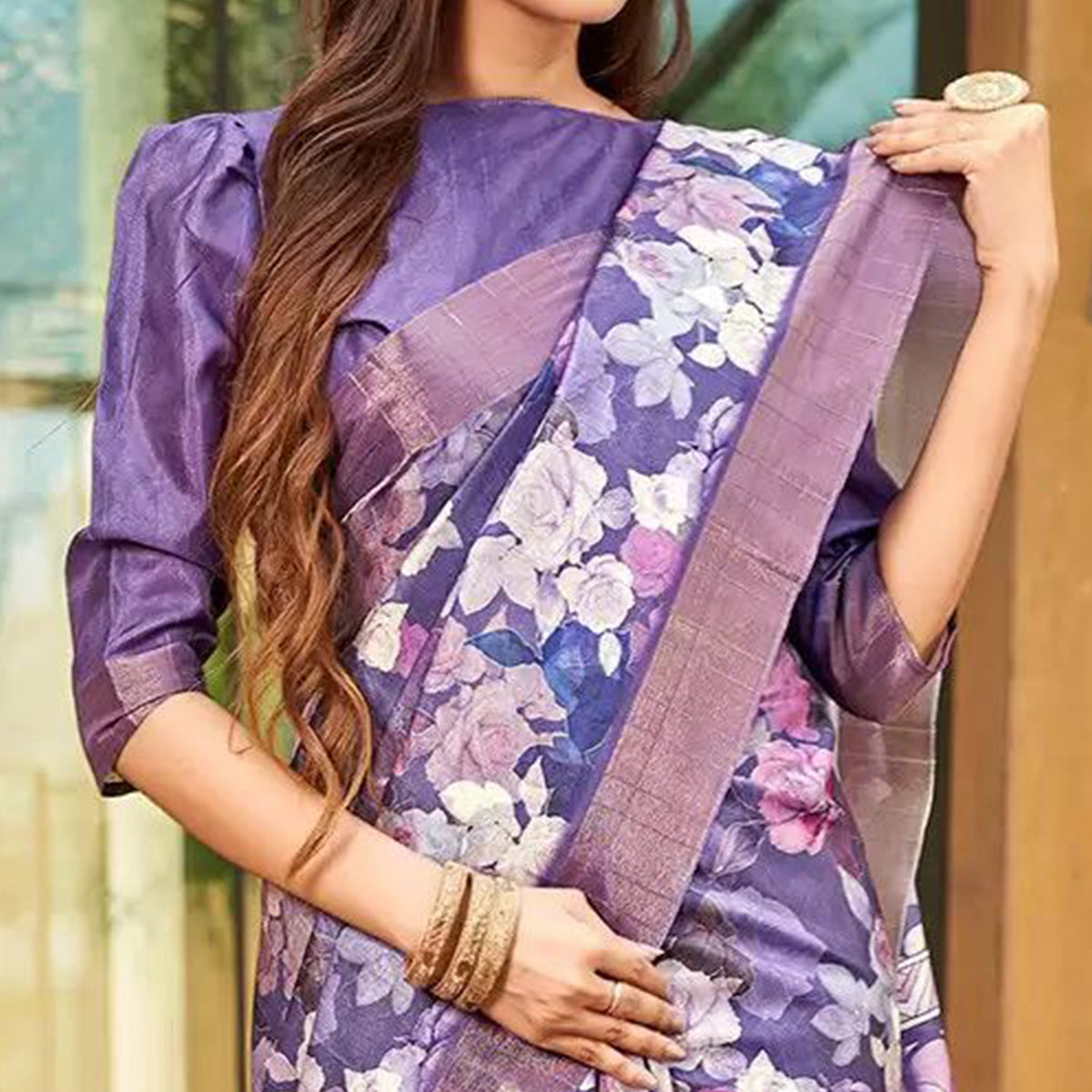 Purple Floral Digital Printed Tussar Silk Saree