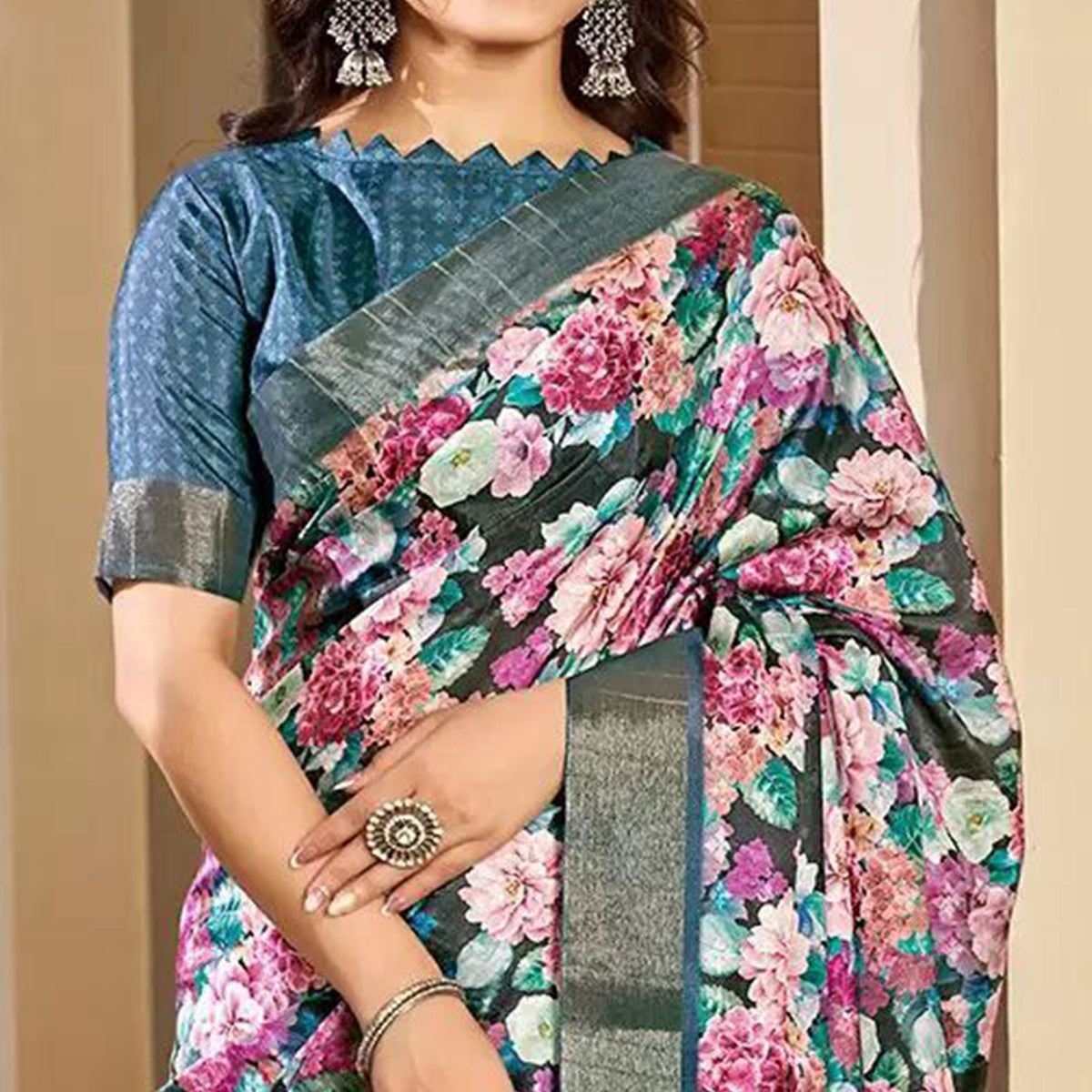 Teal Floral Digital Printed Tussar Silk Saree