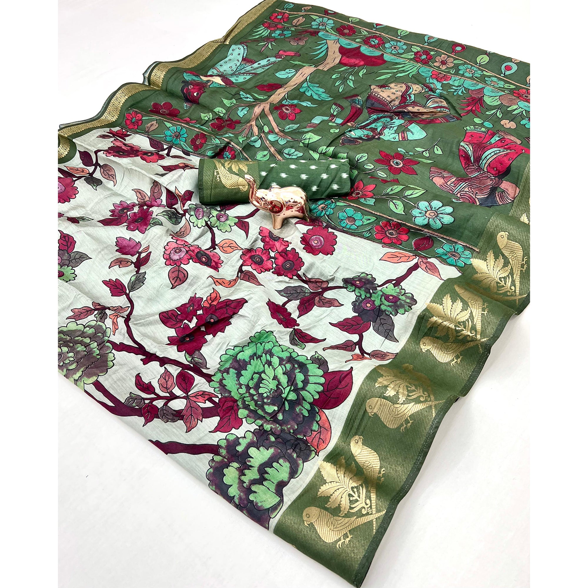 Mint Green Floral Printed Saree Crafted in Soft Mulmul Cotton with Zari Border