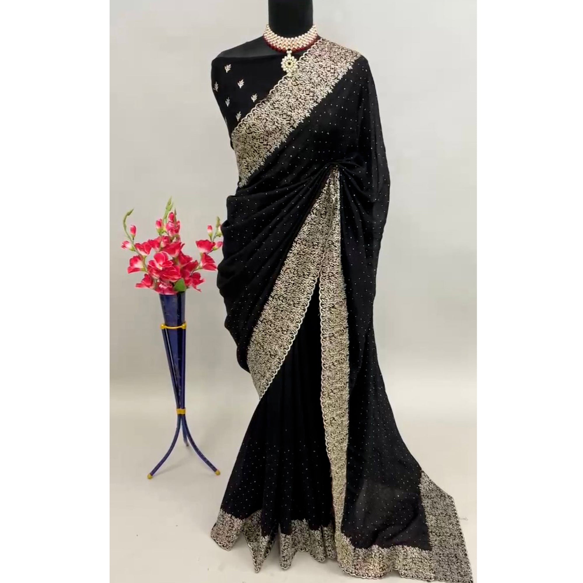 Black Zari Embroidered With Stonework Vichitra Silk Saree