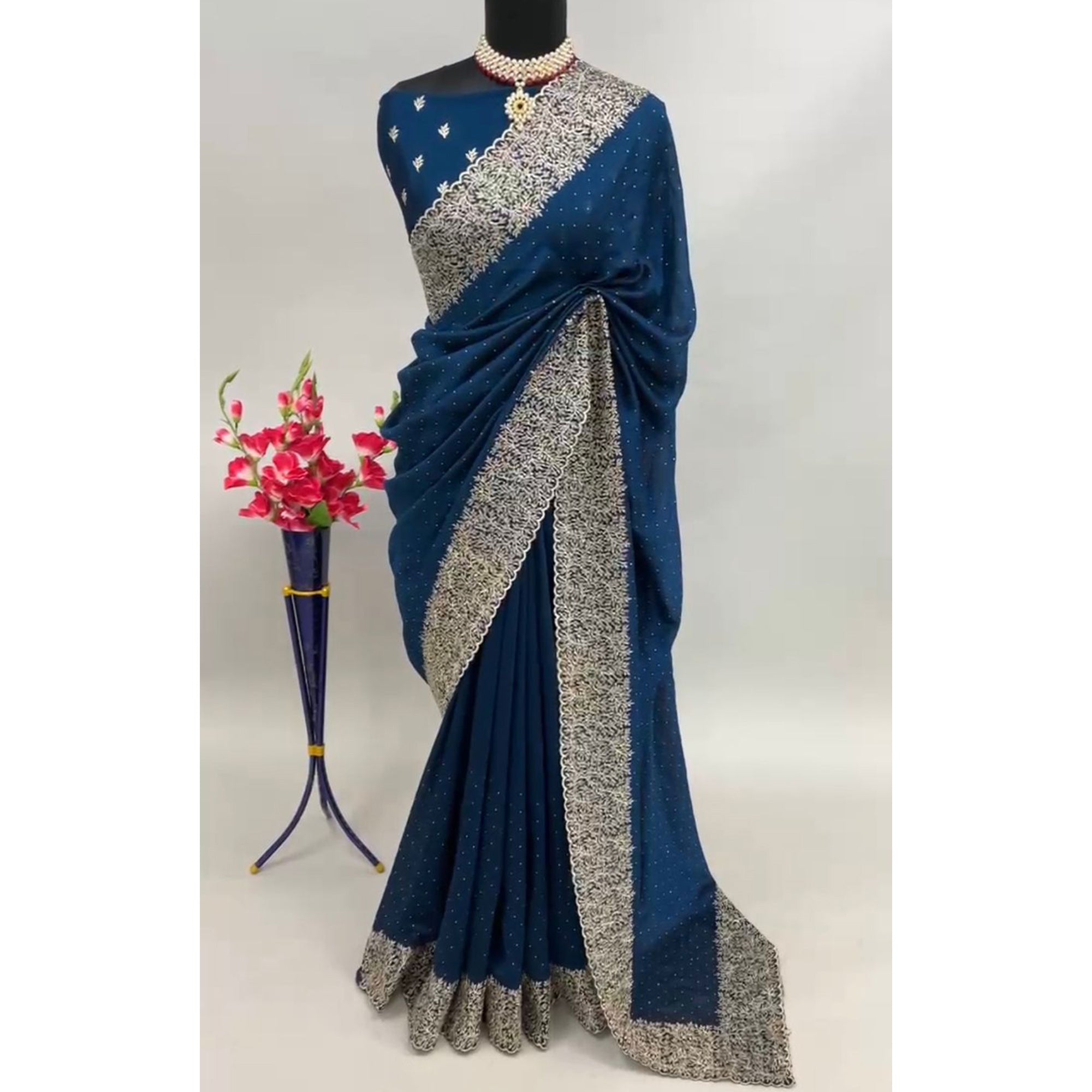 Blue Zari Embroidered With Stonework Vichitra Silk Saree