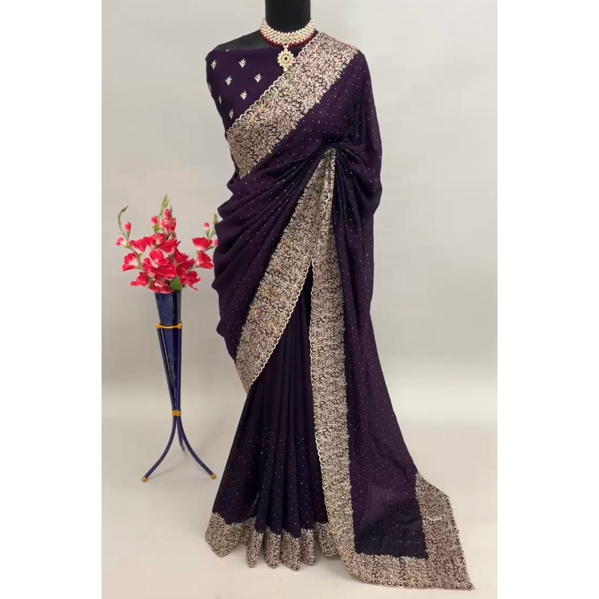 Dark Purple Zari Embroidered With Stonework Vichitra Silk Saree