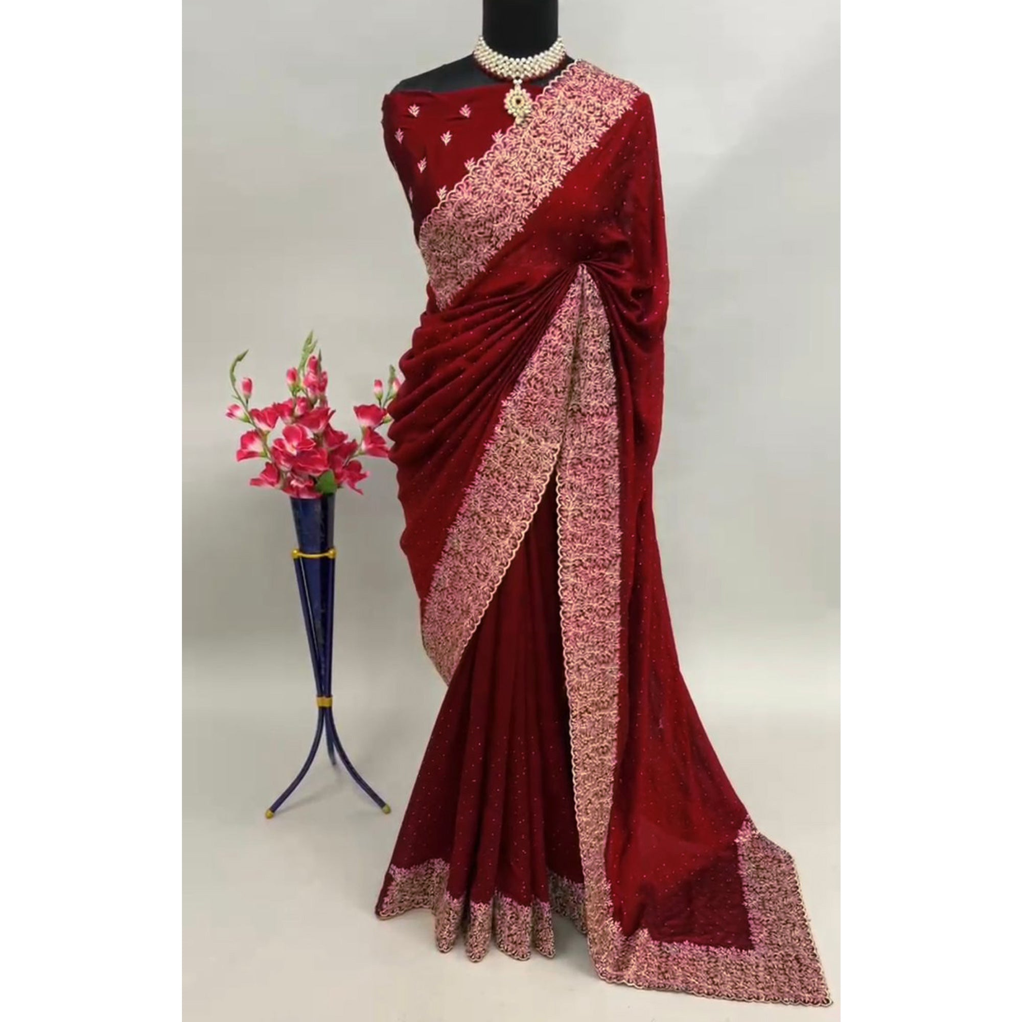 Maroon Zari Embroidered With Stonework Vichitra Silk Saree