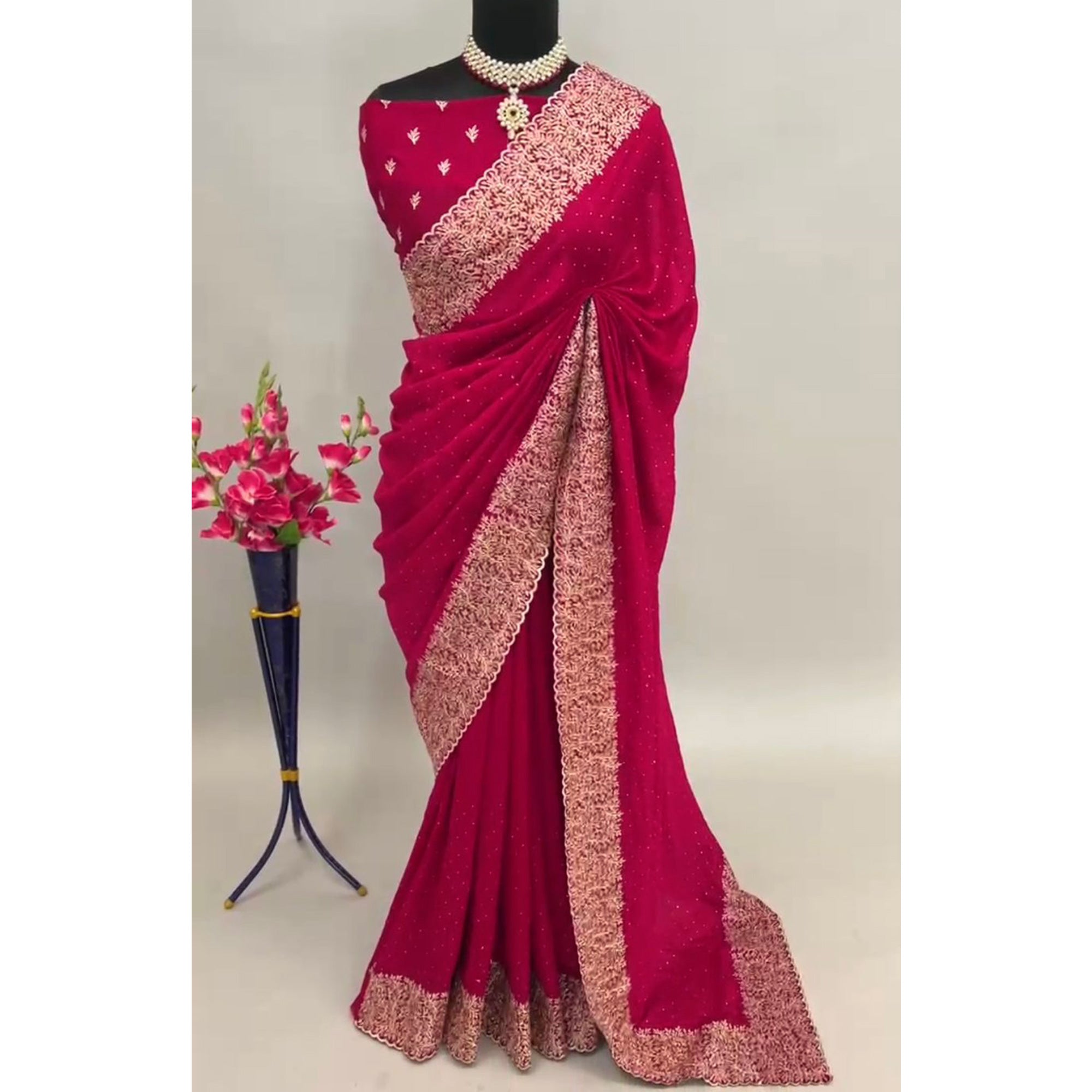 Pink Zari Embroidered With Stonework Vichitra Silk Saree