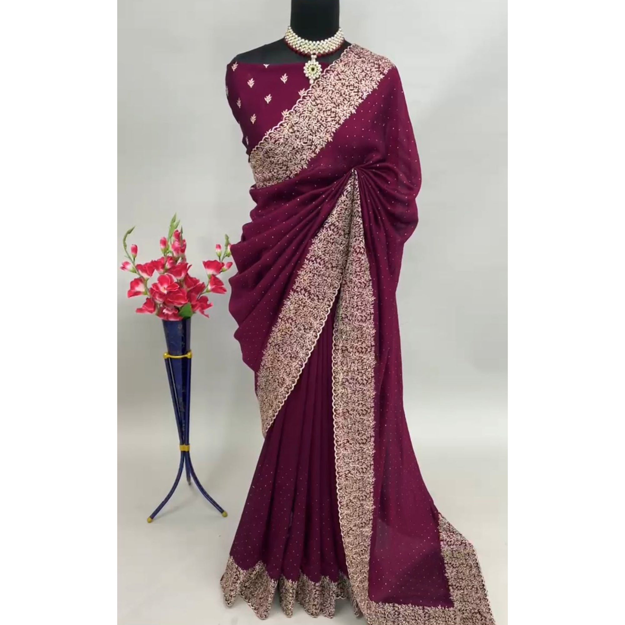 Wine Zari Embroidered With Stonework Vichitra Silk Saree