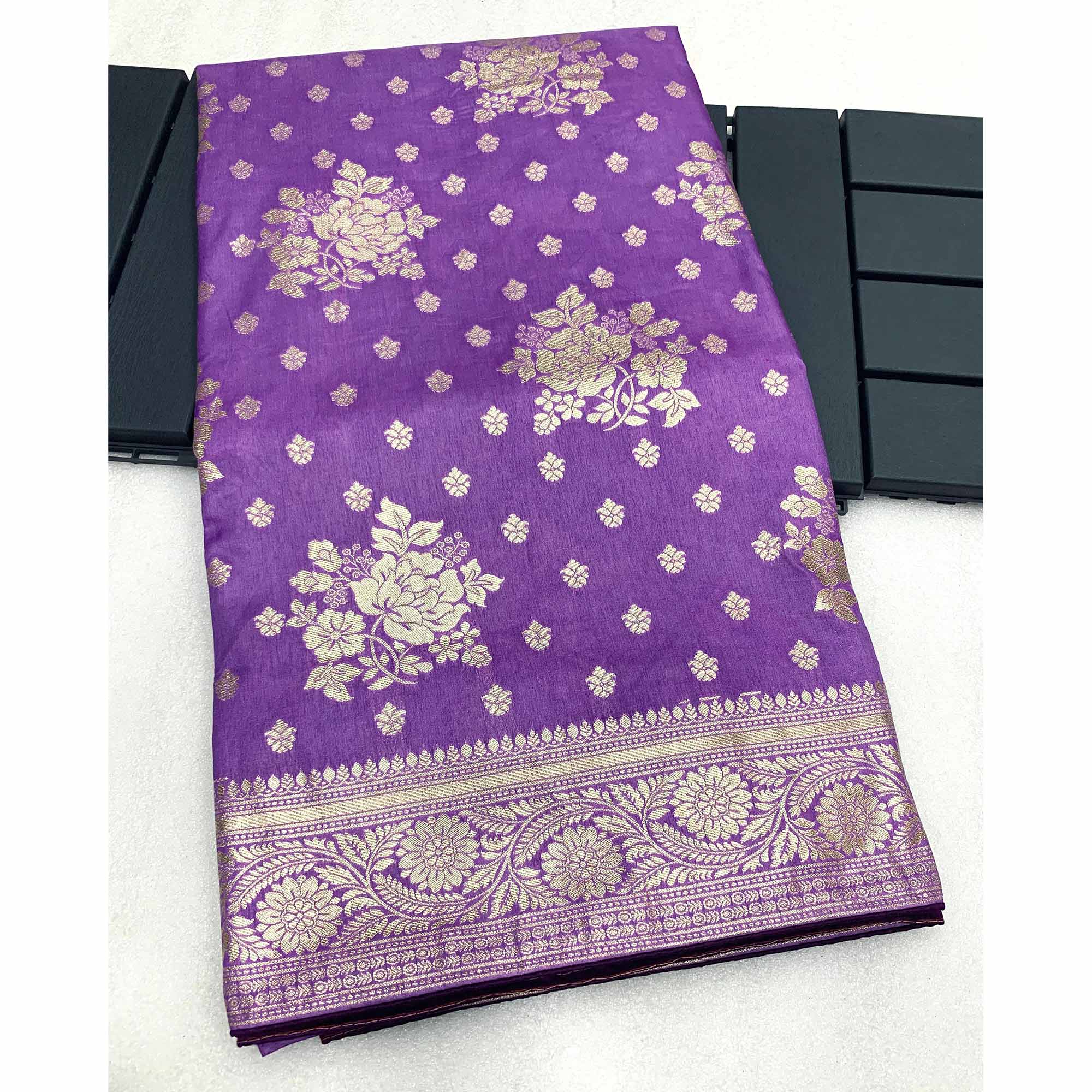 Lavender Floral Woven Dola Silk Saree