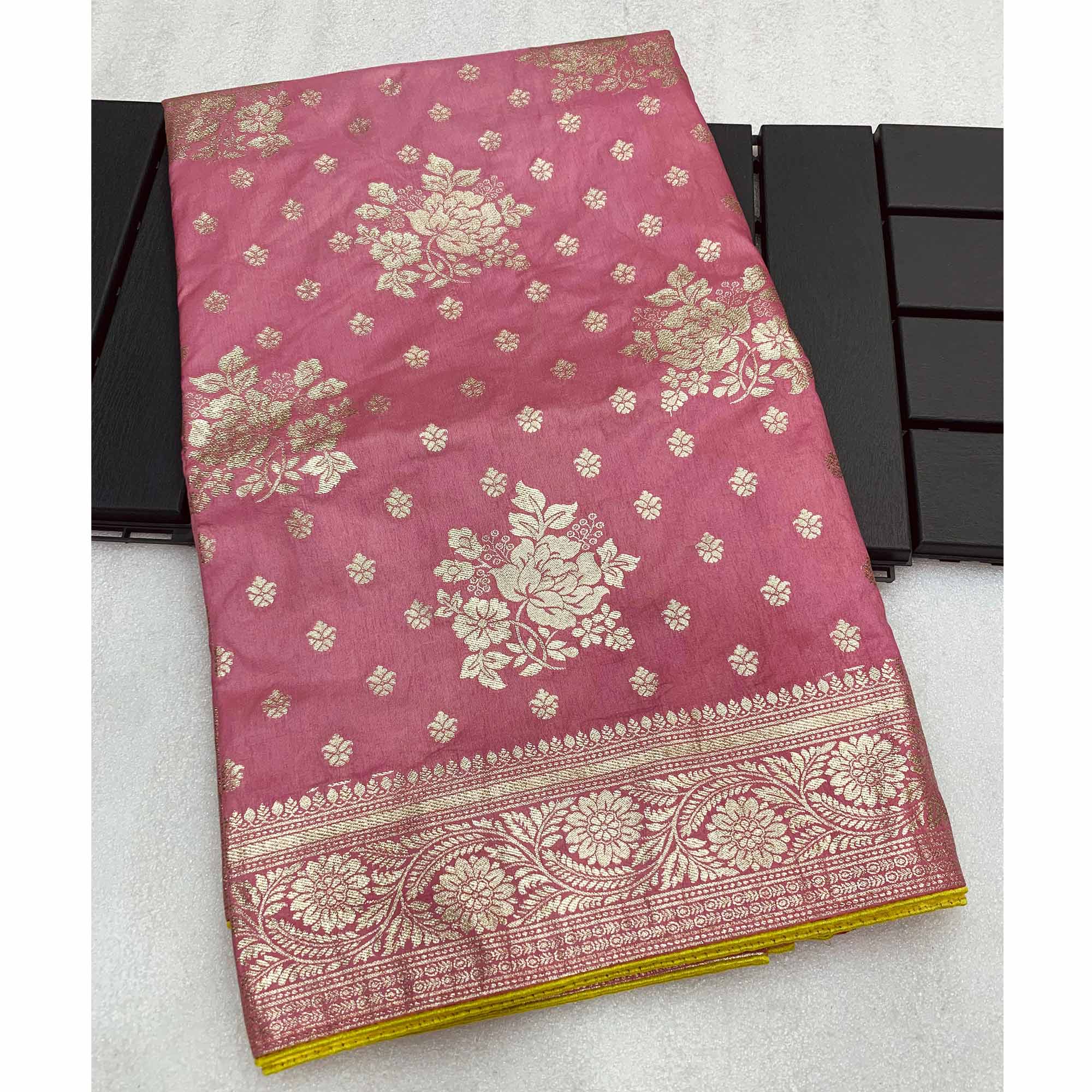 Pink Floral Woven Dola Silk Saree