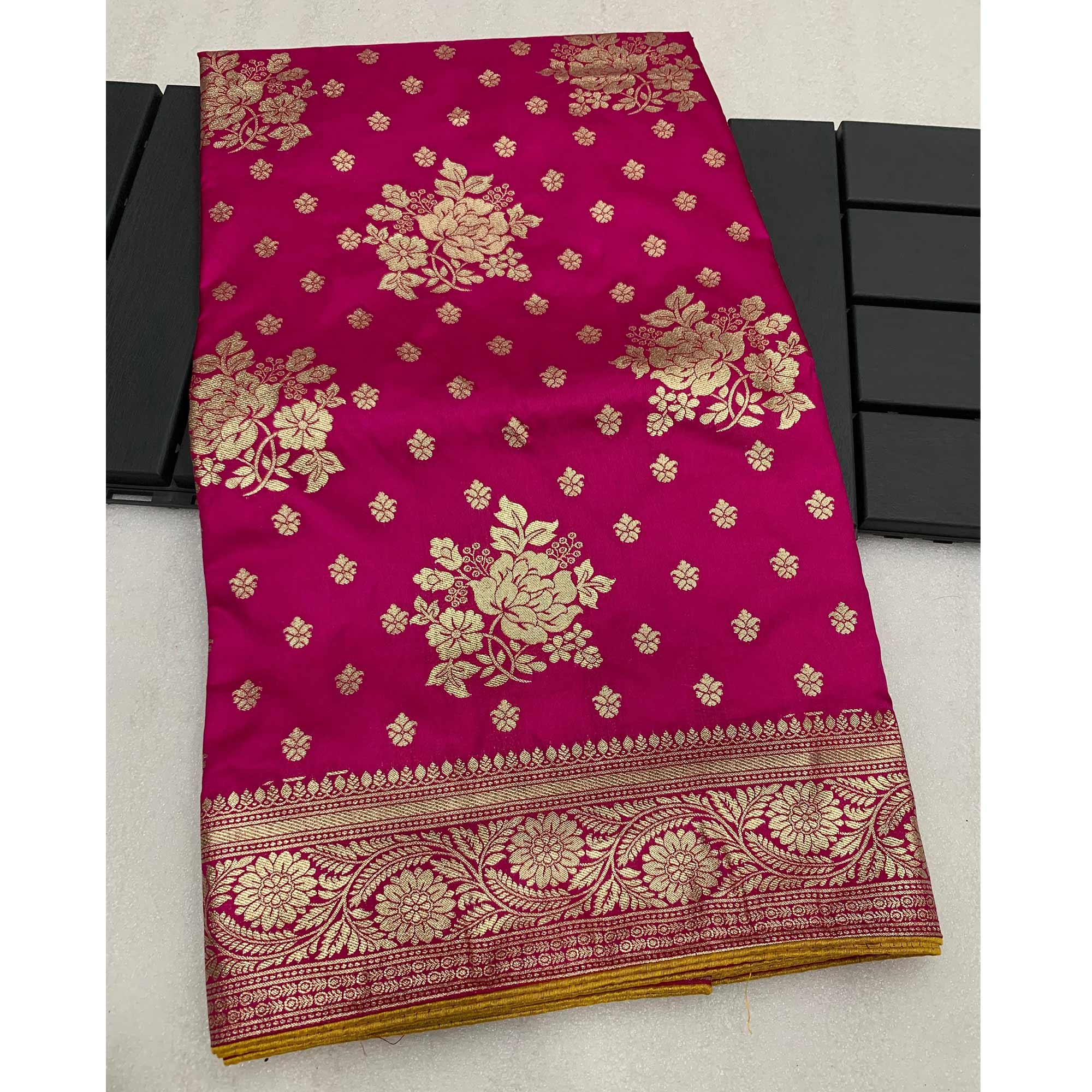 Rani Pink Floral Woven Dola Silk Saree