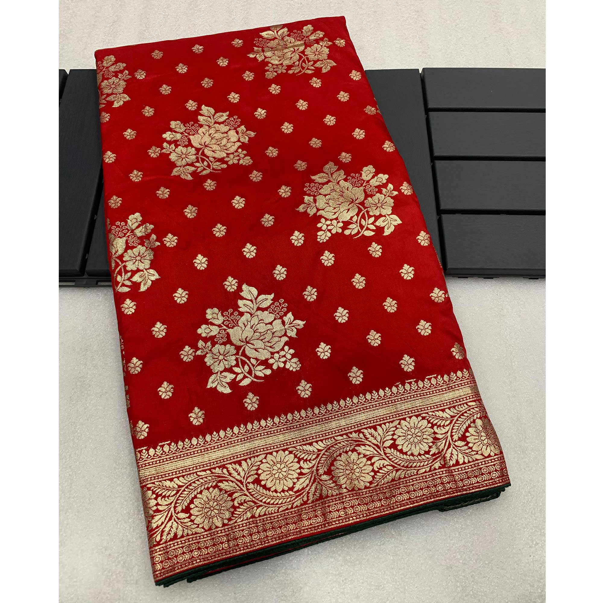 Red Floral Woven Dola Silk Saree