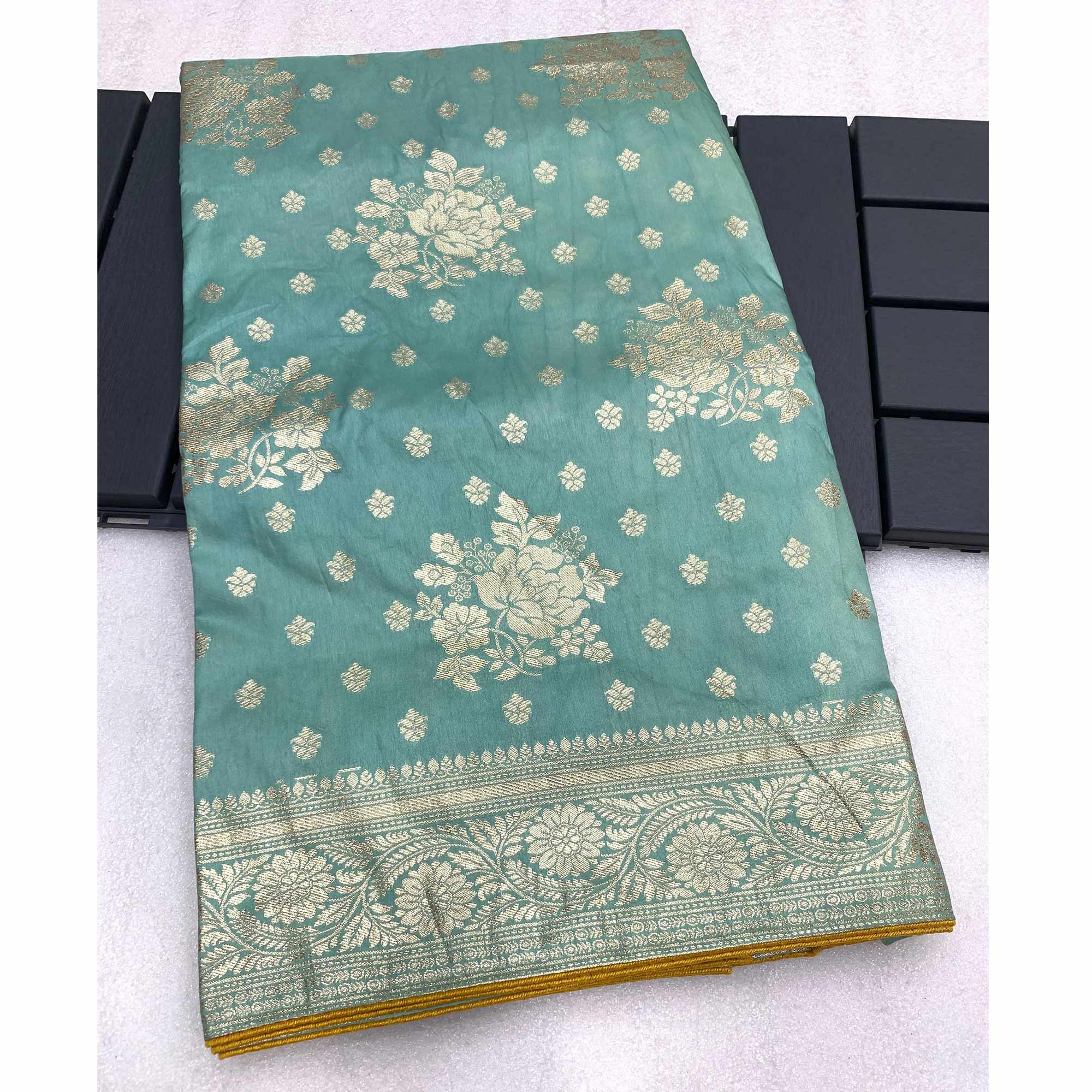 Turquoise Floral Woven Dola Silk Saree