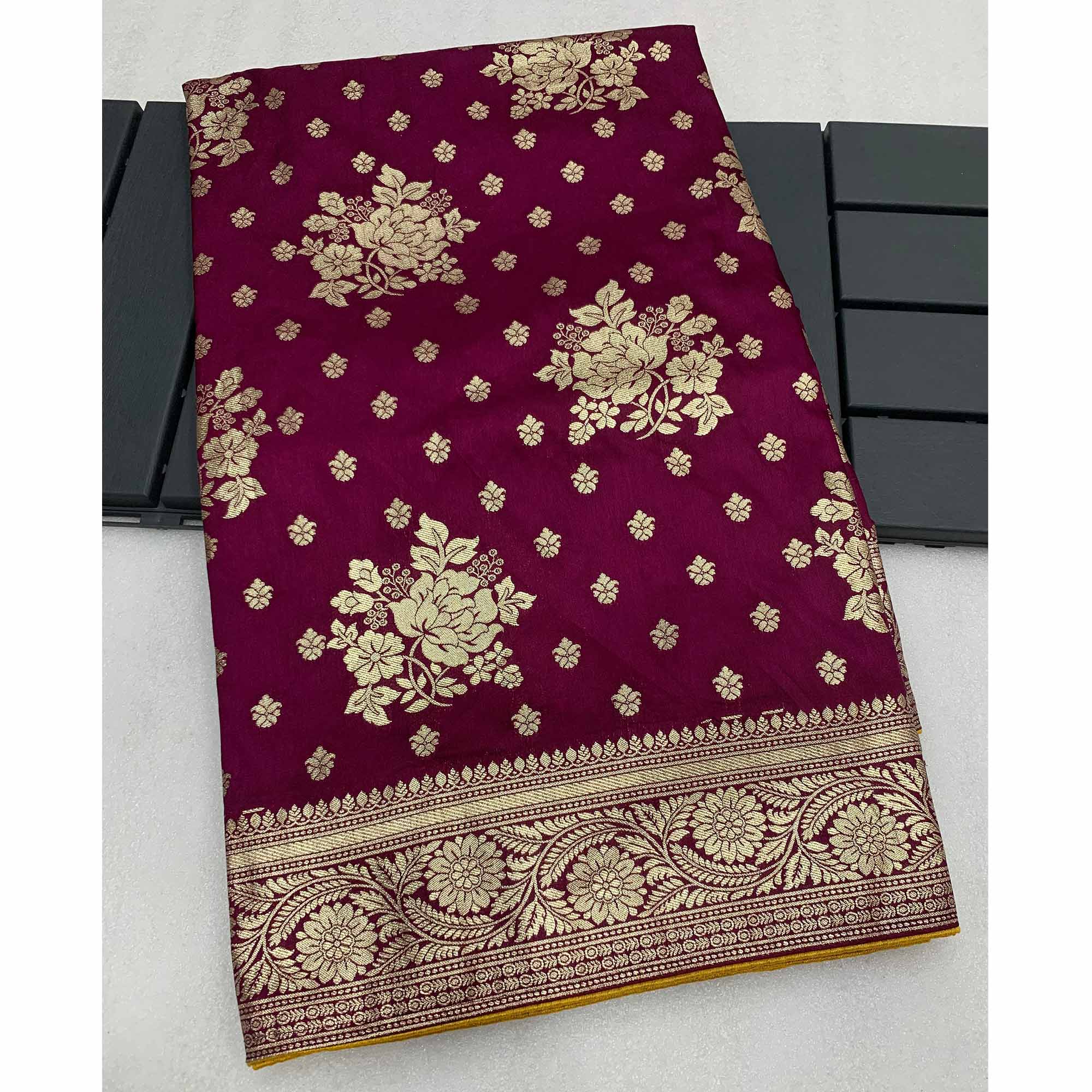 Wine Floral Woven Dola Silk Saree