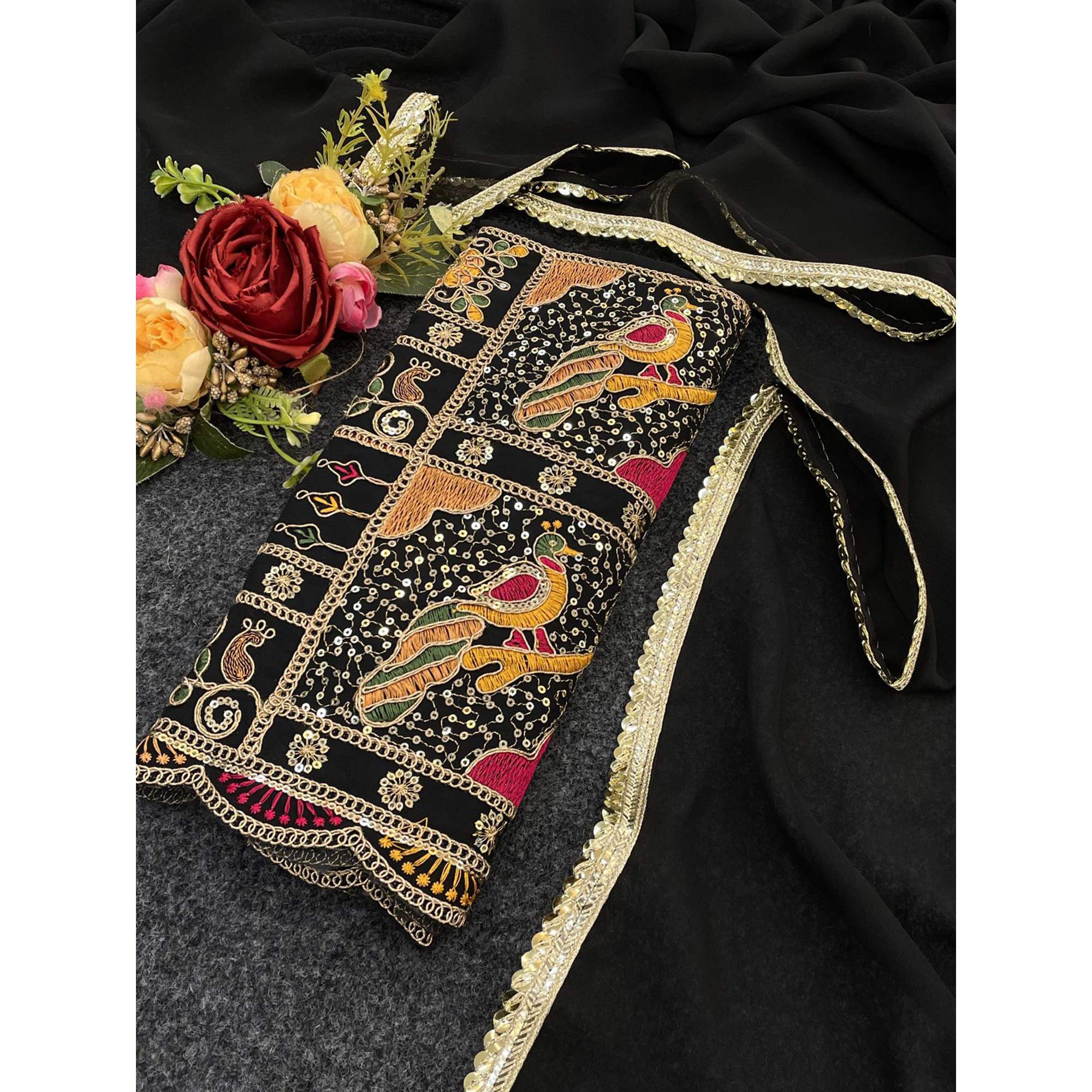 Black Solid Georgette Saree With Sequins Embroidered Border