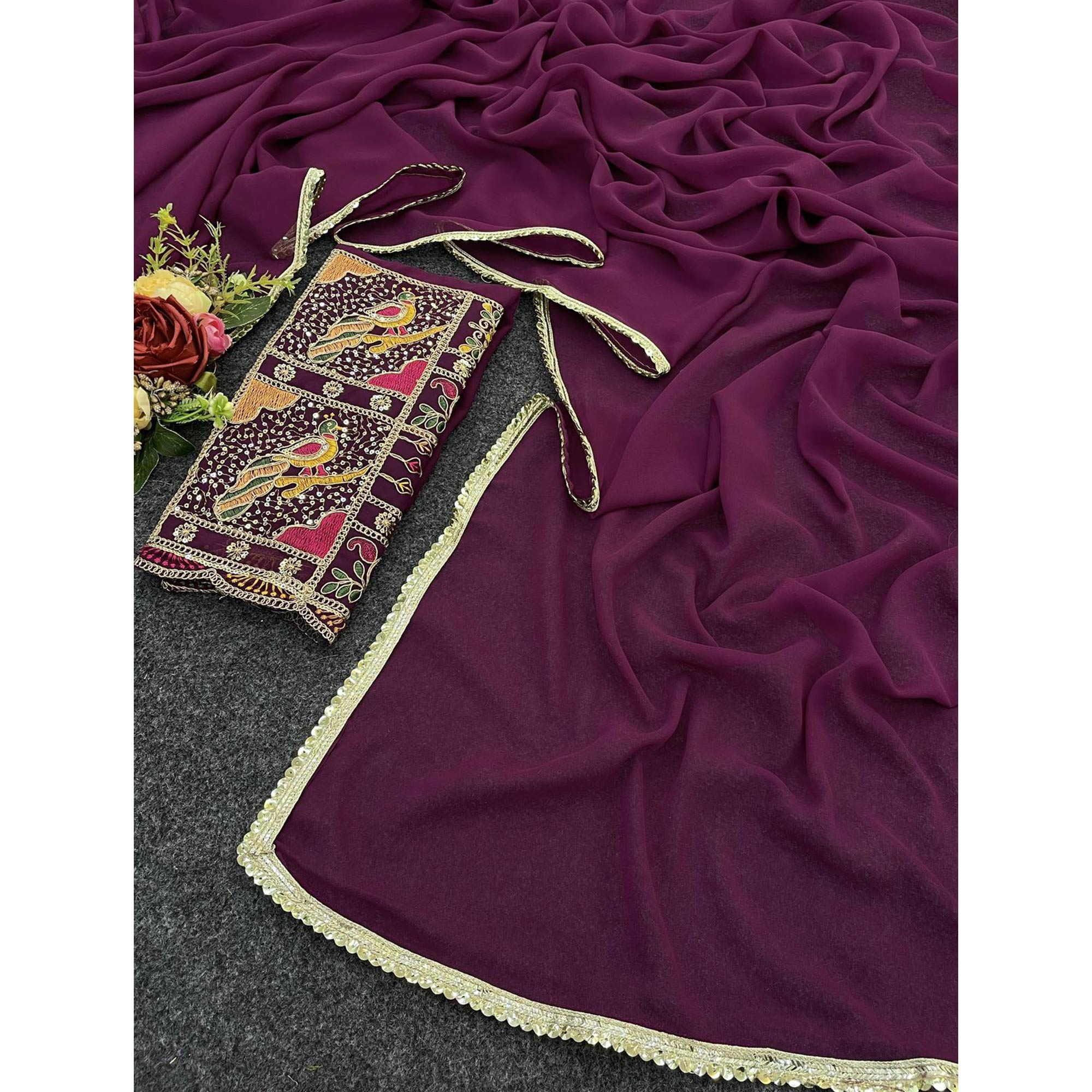 Wine Solid Georgette Saree With Sequins Embroidered Border