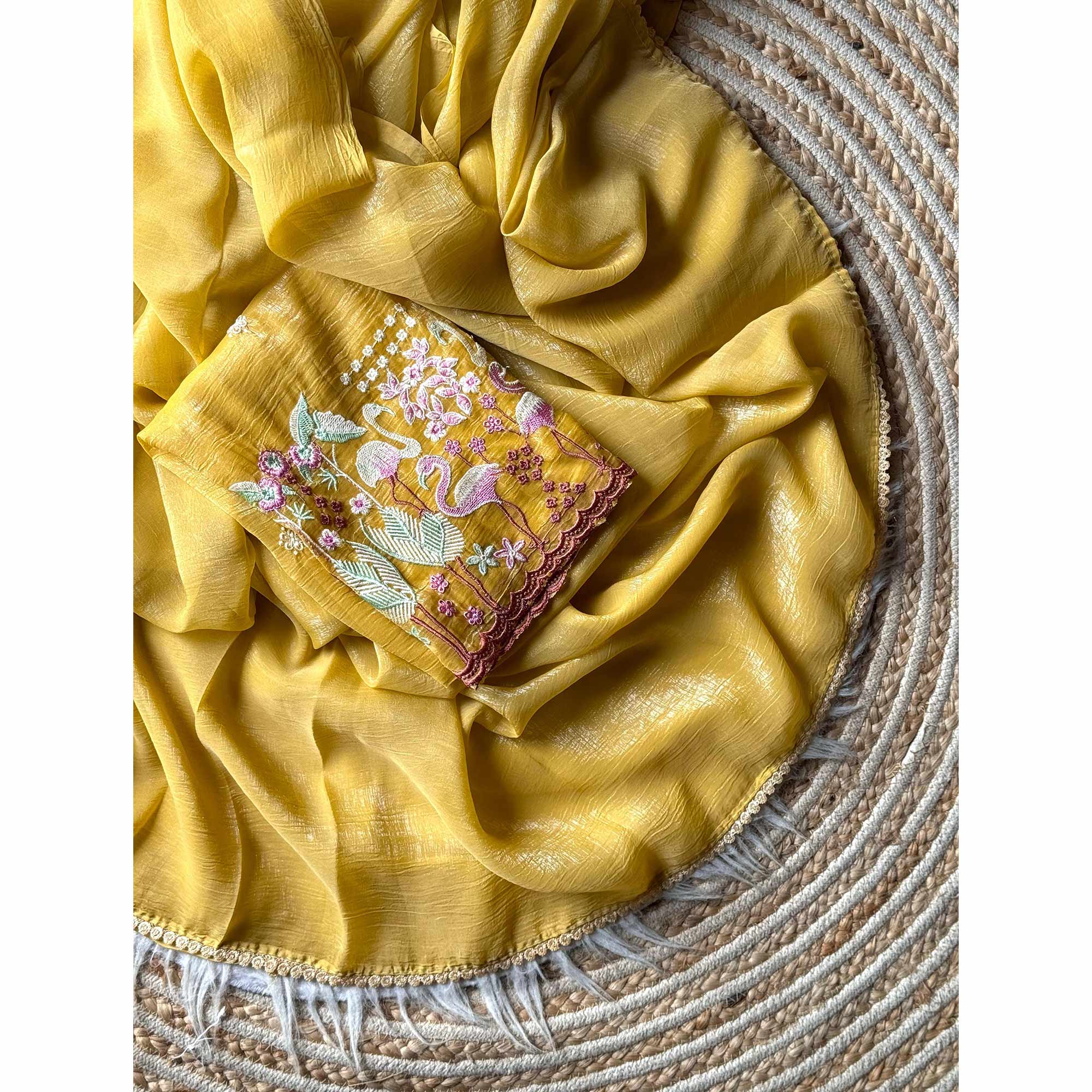 Mustard Solid Crunchy Crepe Saree With Embroidery Border