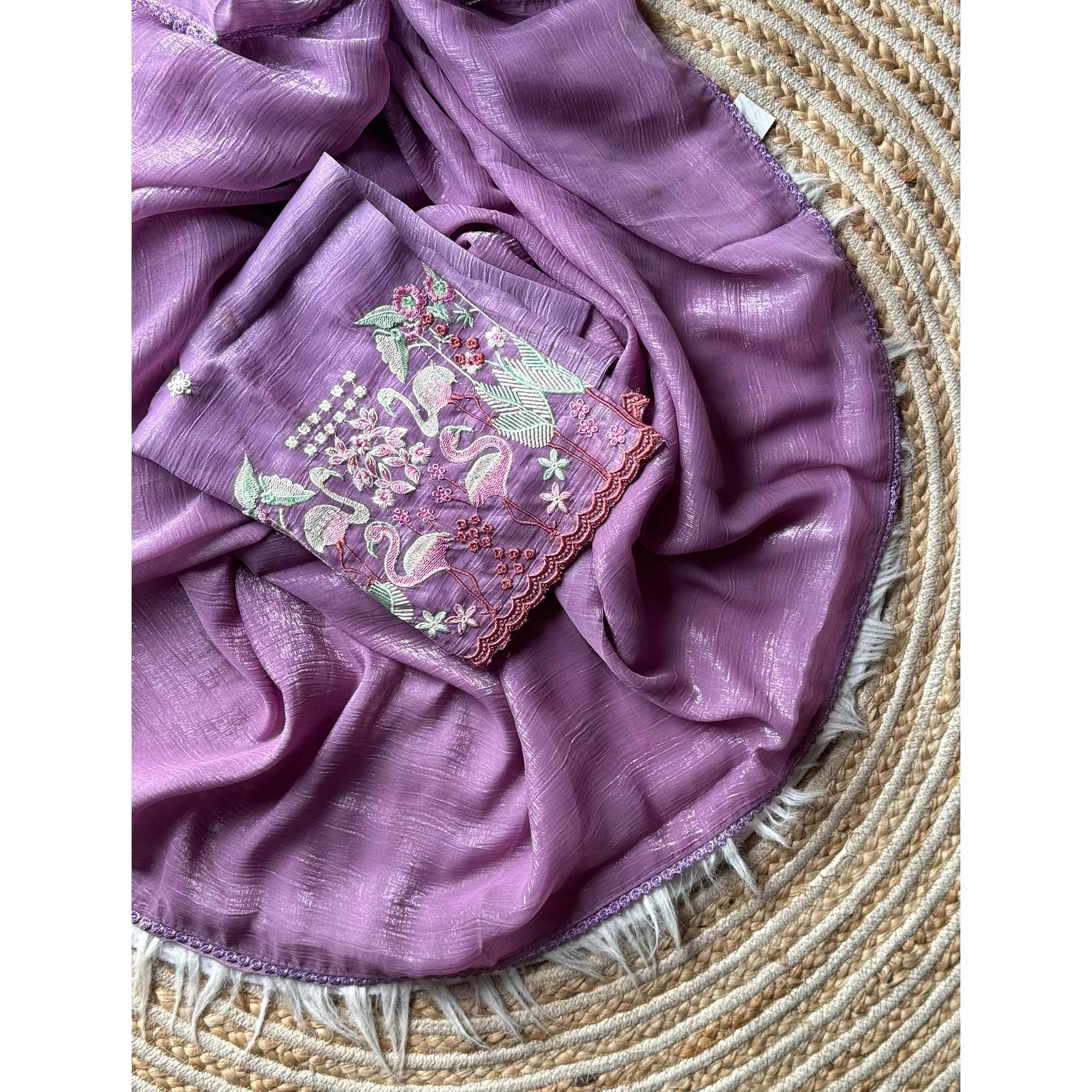 Purple Solid Crunchy Crepe Saree With Embroidery Border