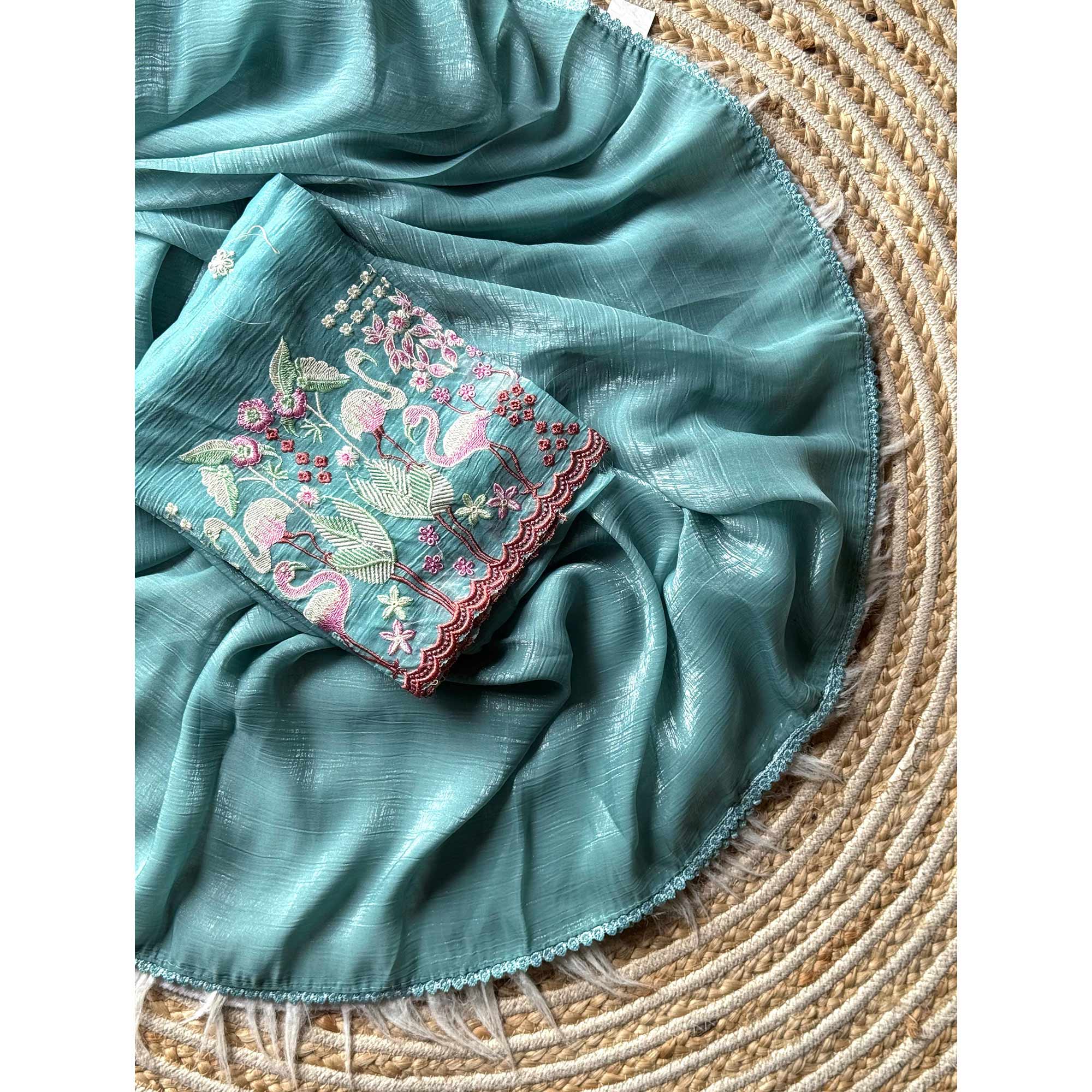 Teal Solid Crunchy Crepe Saree With Embroidery Border