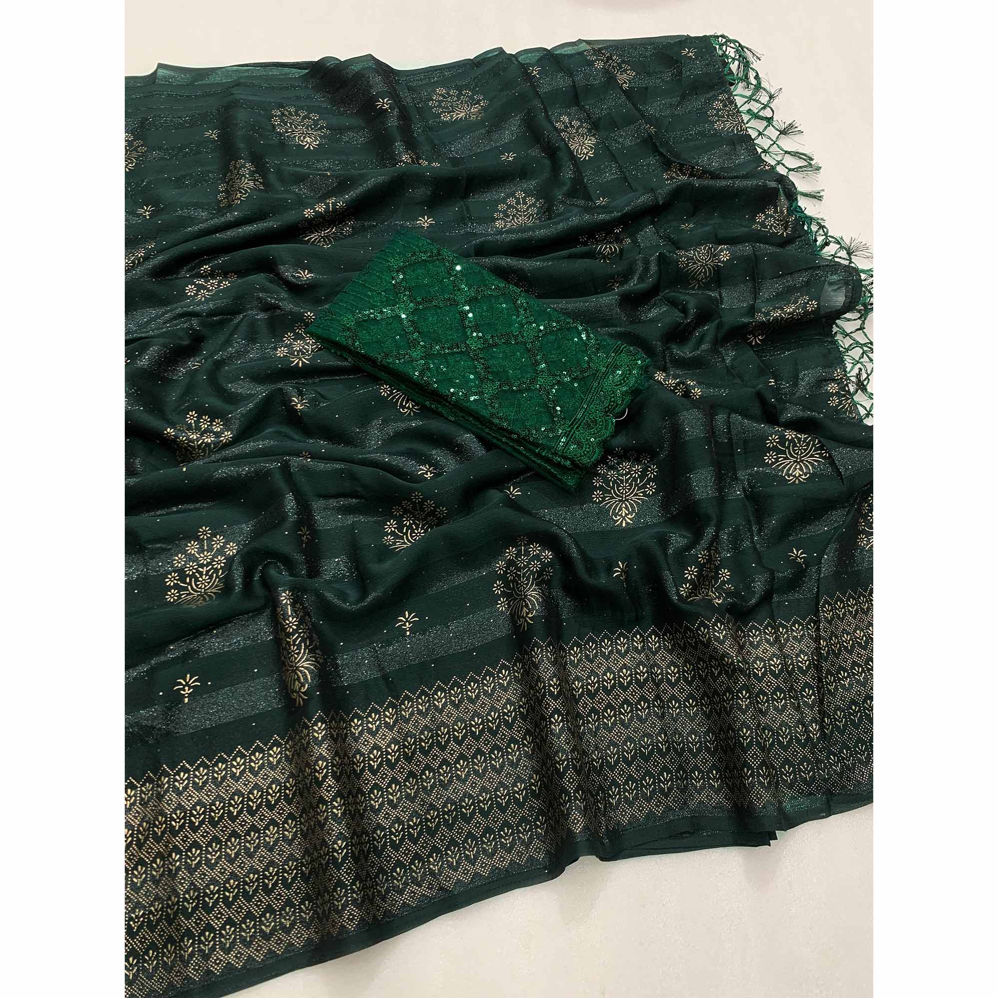 Green Emboss Floral Foil Printed Moss Art Silk Saree