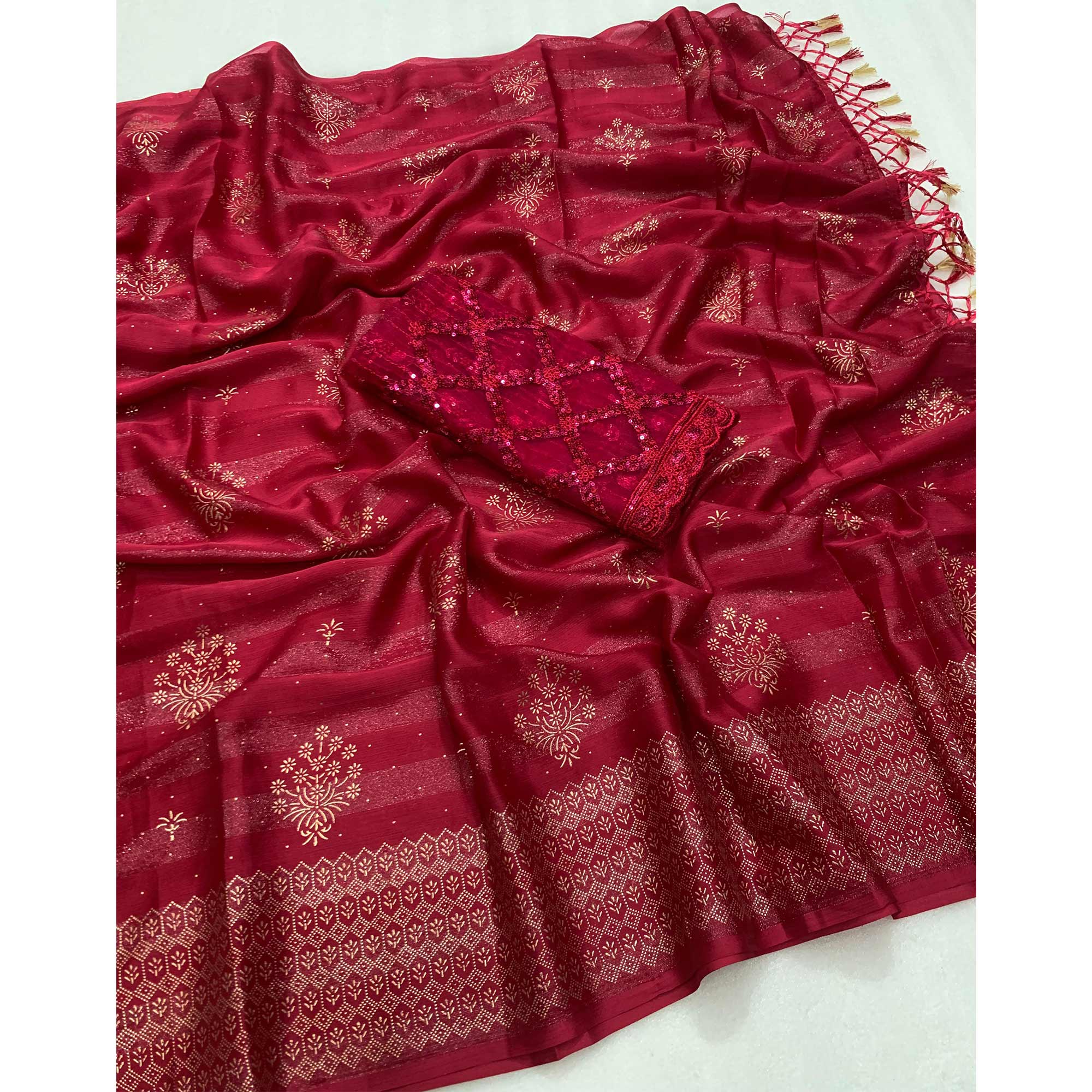 Red Emboss Floral Foil Printed Moss Art Silk Saree