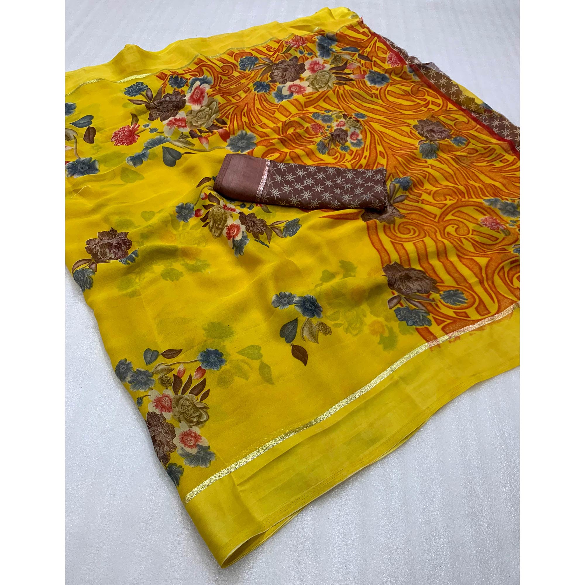 Lemon Yellow Floral Printed Georgette Saree With Zari Border