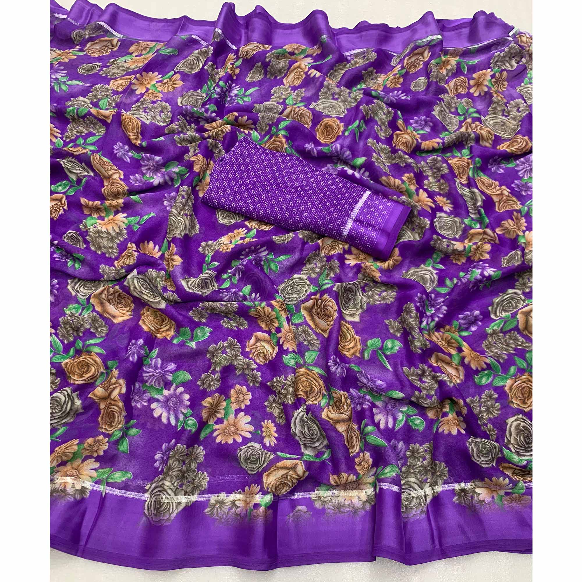 Violet Floral Printed Georgette Saree With Zari Border