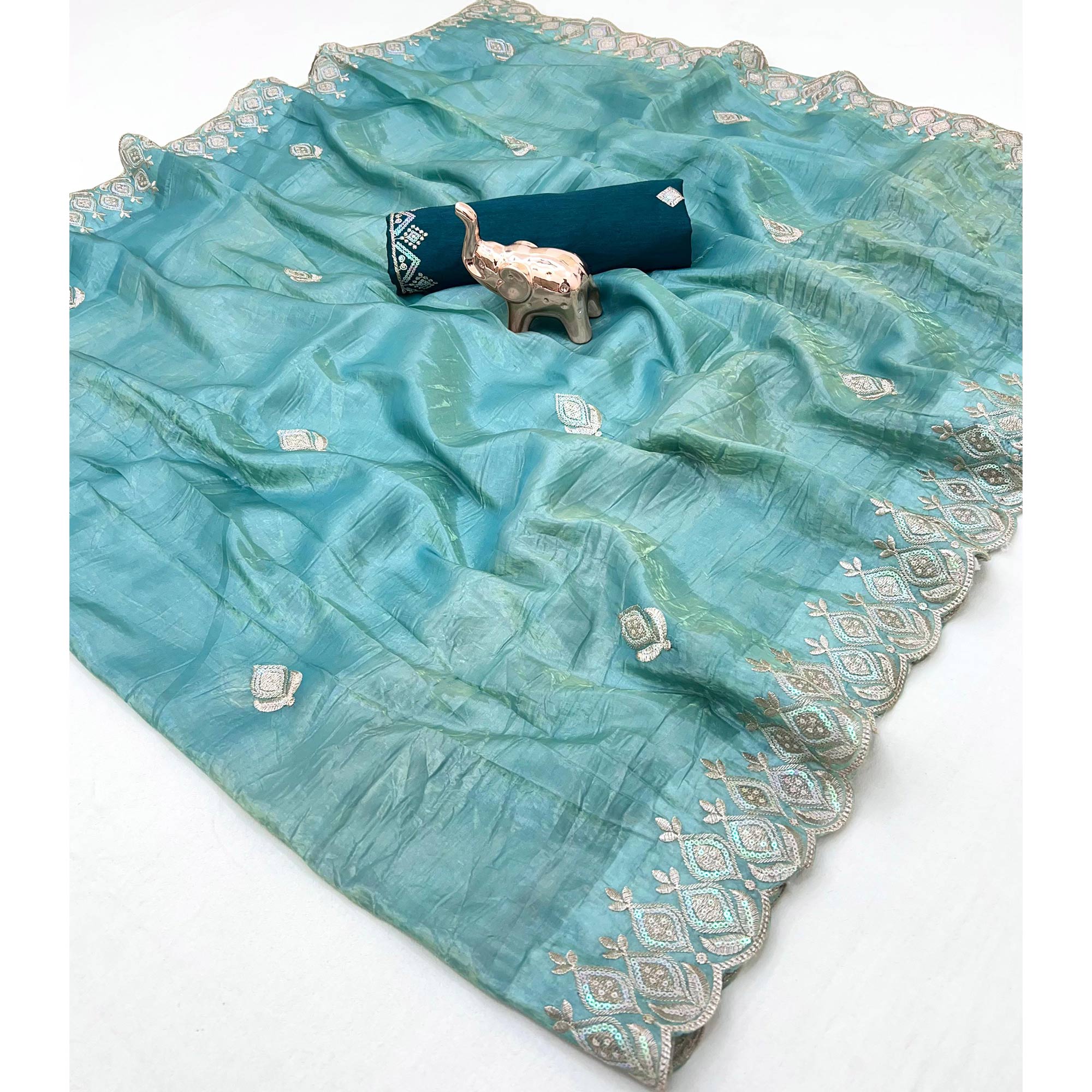 Blue Floral Sequins Embroidered Fancy Fabrics Crush Saree